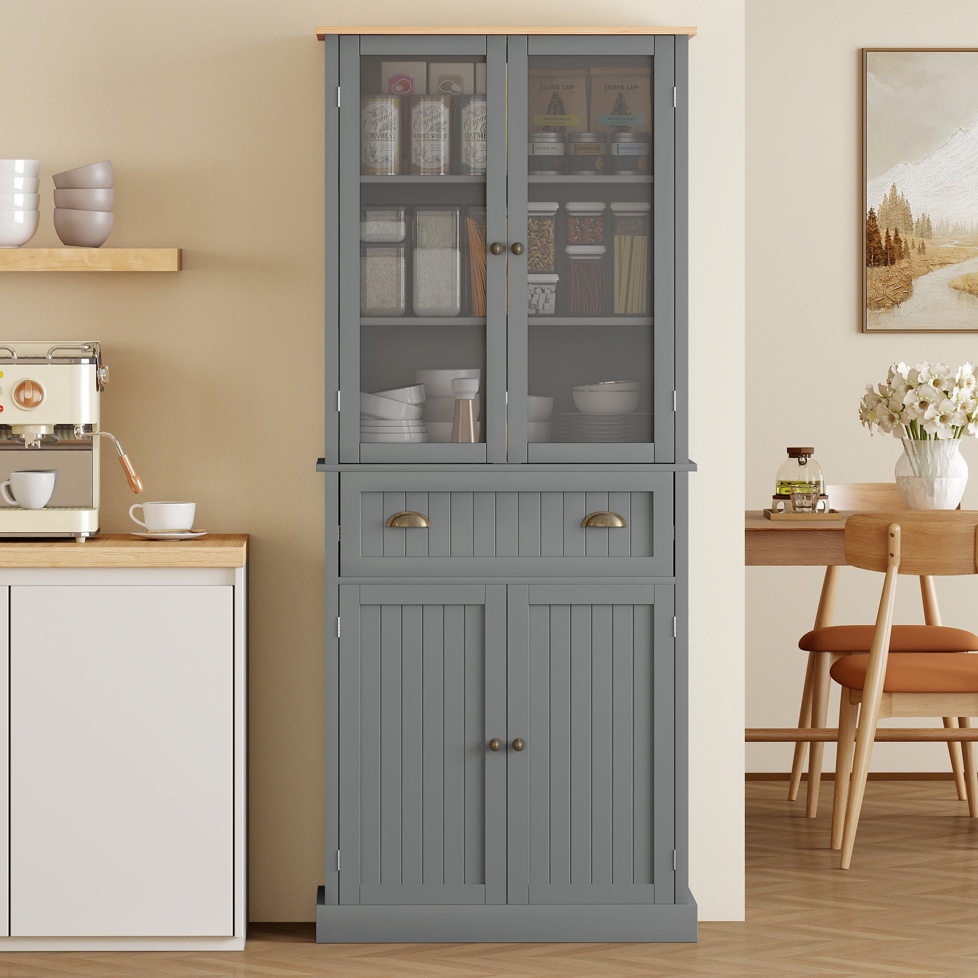 Buffet meuble cuisine rangement armoire de cuisine 4 portes dont 2 portes vitrées et 1 tiroir hauteur 182,5 cm avec étagères réglables - gris