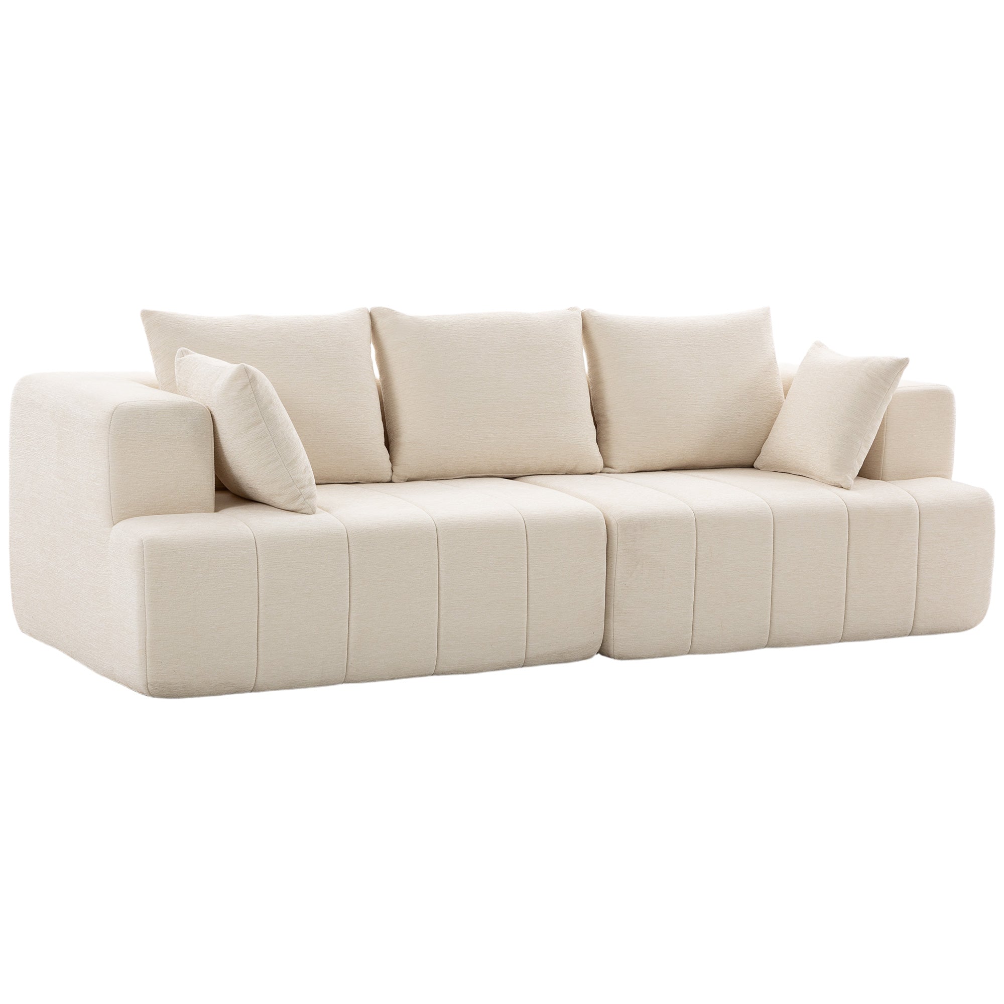 Canapé 3 places en chenille 248 cm, canapé salon moderne, large assise rembourrée, coussins à ressorts, larges accoudoirs, 2 coussins, base antidérapante, pour salon, chambre, beige
