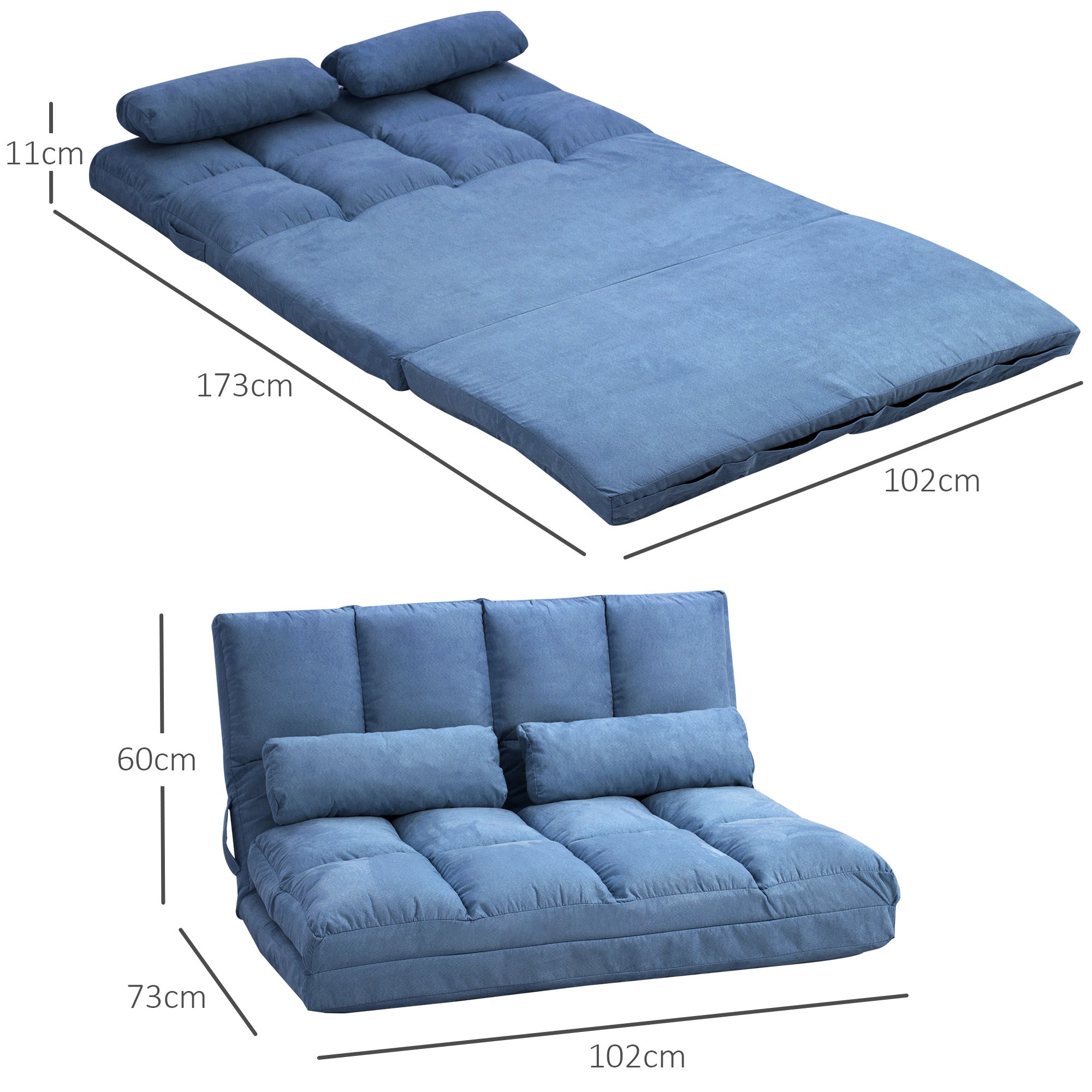 Chauffeuse matelas d'appoint pliant fauteuil convertible inclinaison dossier réglable 2 coussins inclus en polyester aspect suédé, pour salon, chambre et bureau, bleu