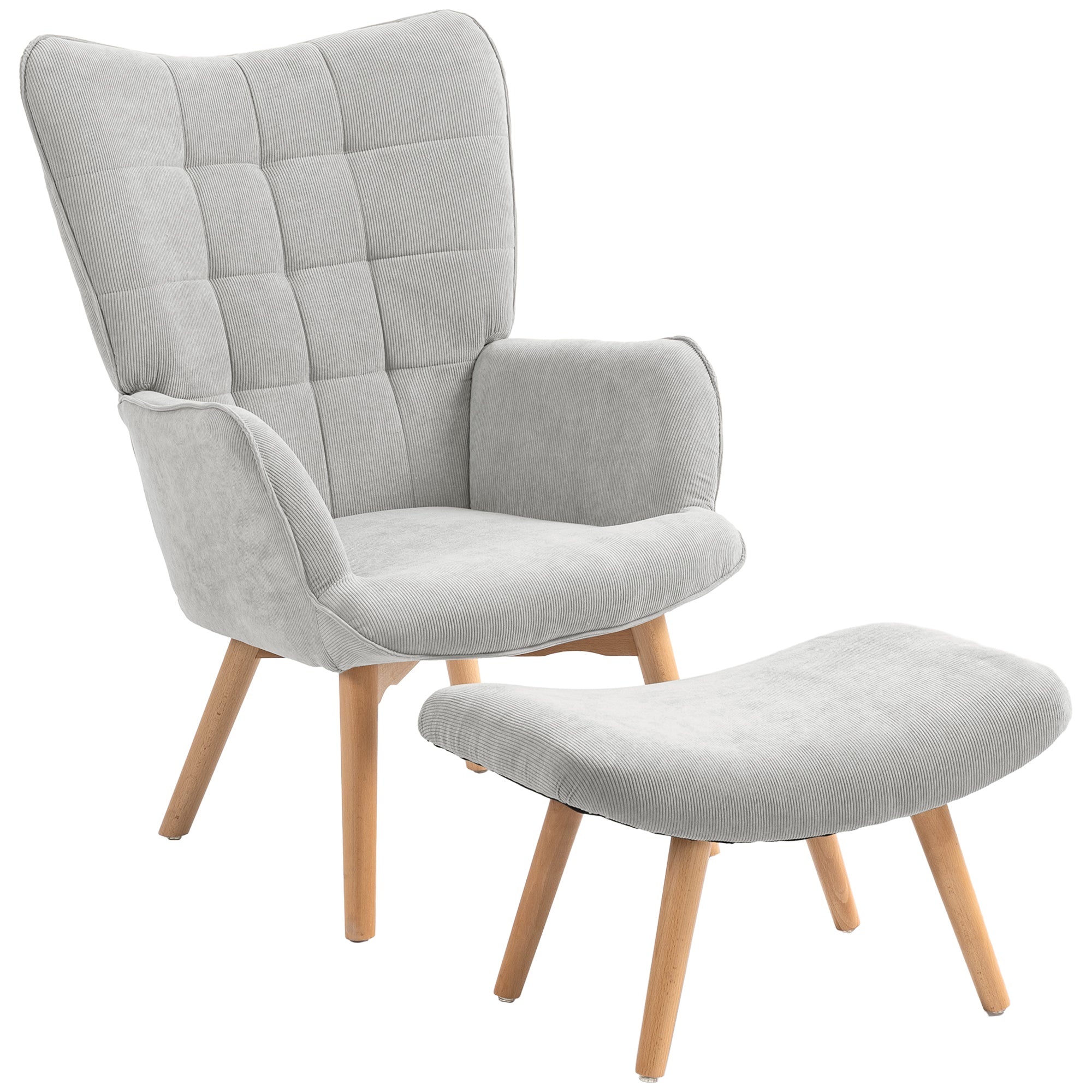 Fauteuil avec repose pied, fauteuil salon avec pieds en bois, dossier haut et tissu aspect velours côtelé, pour salon chambre à coucher gris