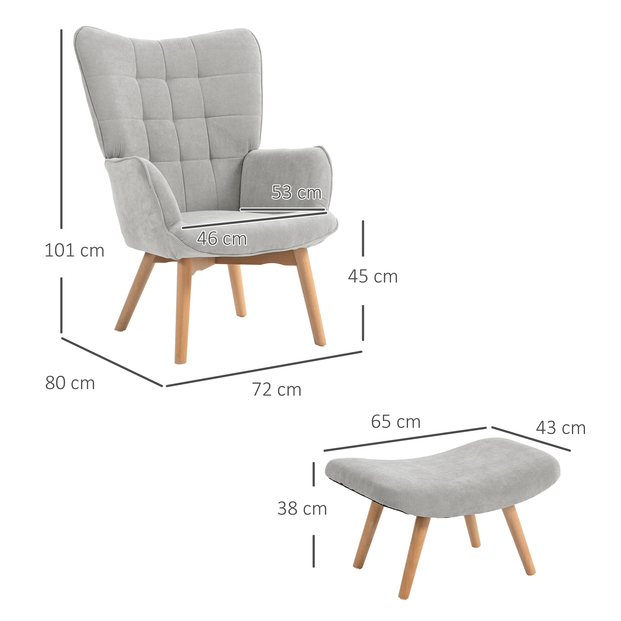 Fauteuil avec repose pied, fauteuil salon avec pieds en bois, dossier haut et tissu aspect velours côtelé, pour salon chambre à coucher gris