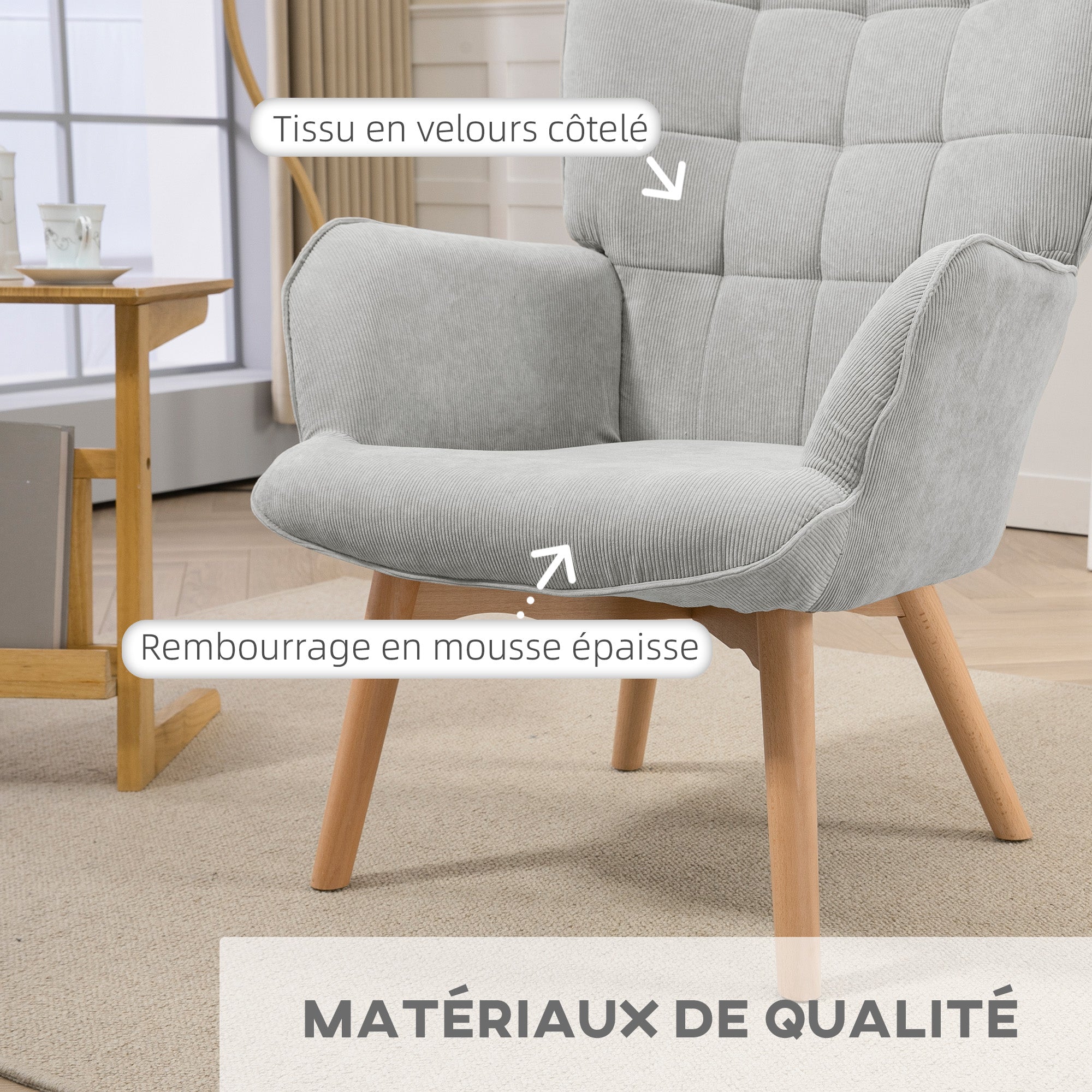 Fauteuil avec repose pied, fauteuil salon avec pieds en bois, dossier haut et tissu aspect velours côtelé, pour salon chambre à coucher gris
