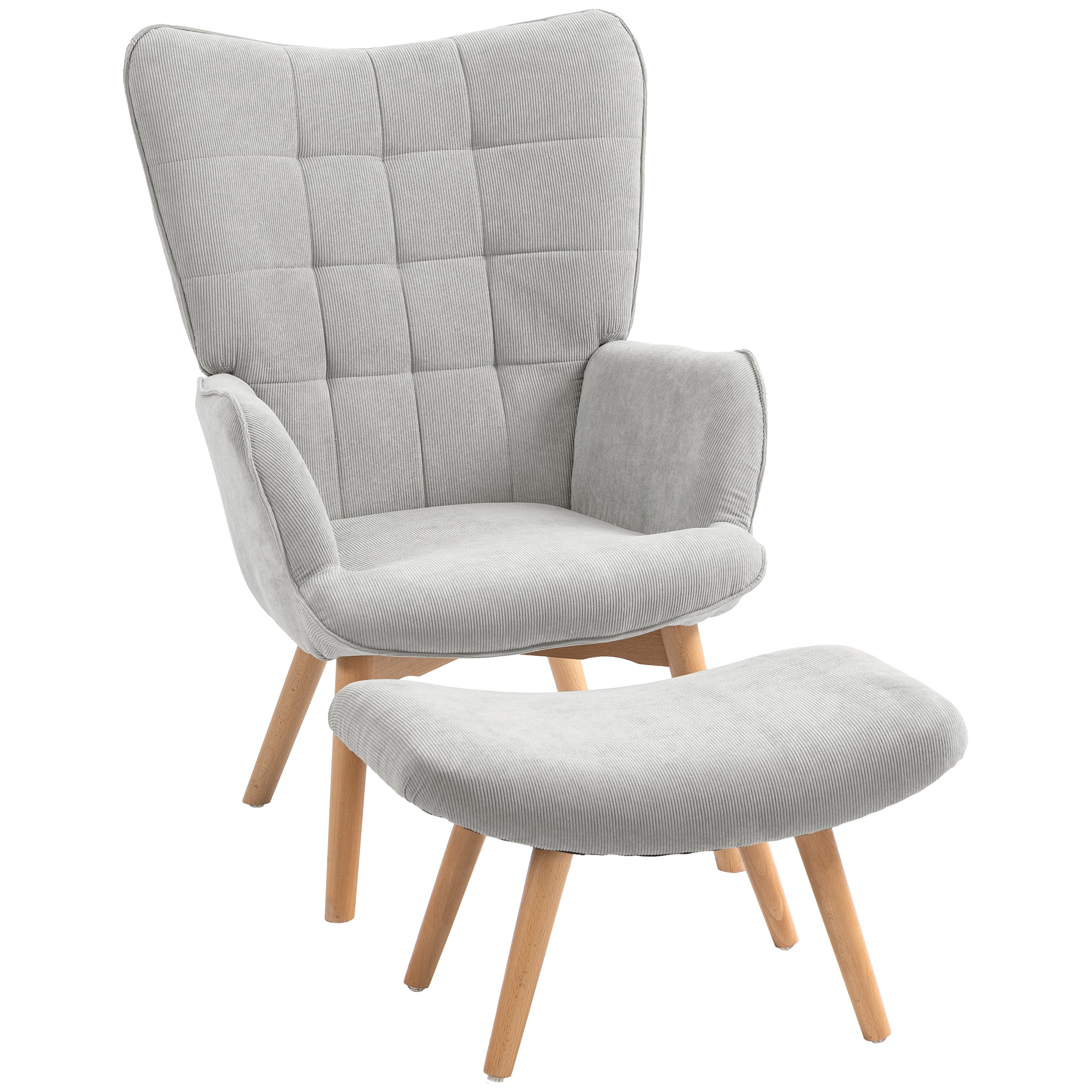 Fauteuil avec repose pied, fauteuil salon avec pieds en bois, dossier haut et tissu aspect velours côtelé, pour salon chambre à coucher gris