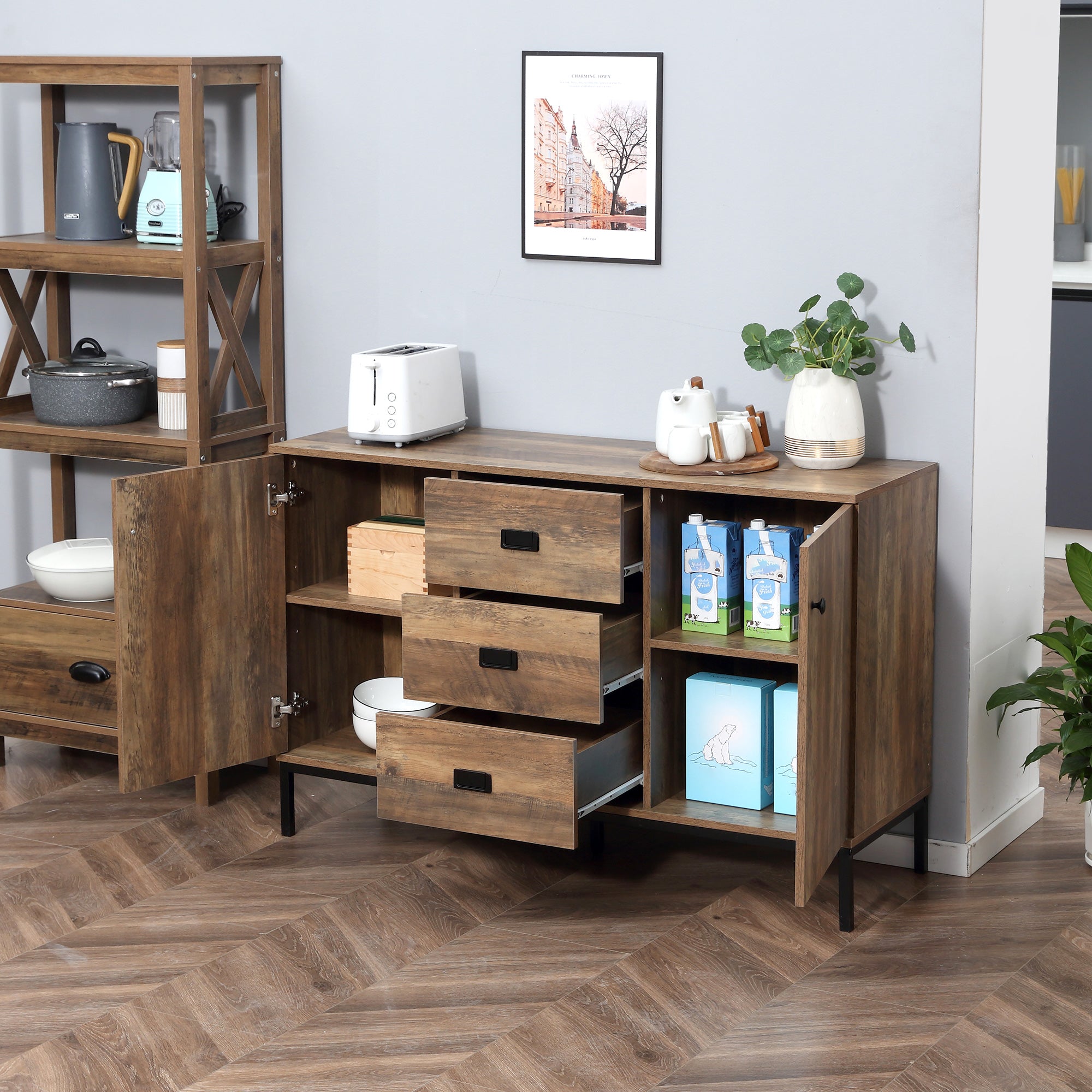 Buffet de Cuisine Meuble de Rangement 2 placards étagère réglable 3 tiroirs Style Contemporain - 120 x 39,5 x 77 cm marron