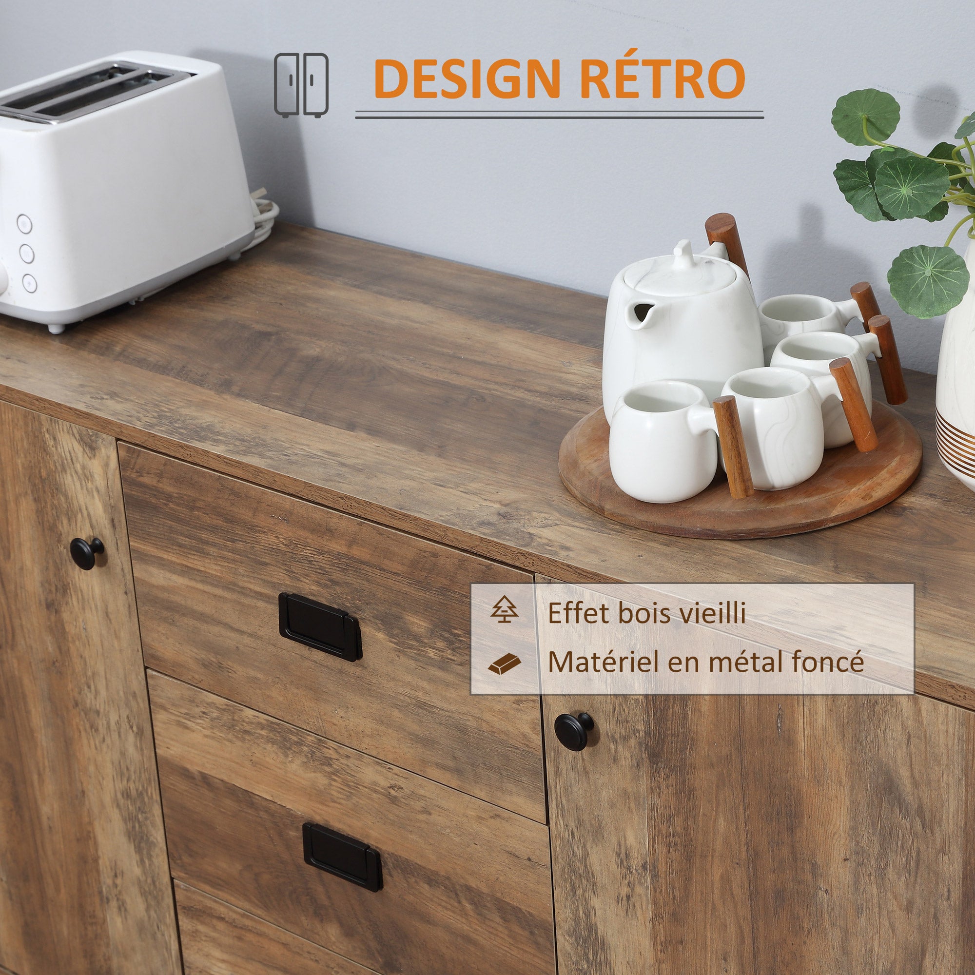 Buffet de Cuisine Meuble de Rangement 2 placards étagère réglable 3 tiroirs Style Contemporain - 120 x 39,5 x 77 cm marron