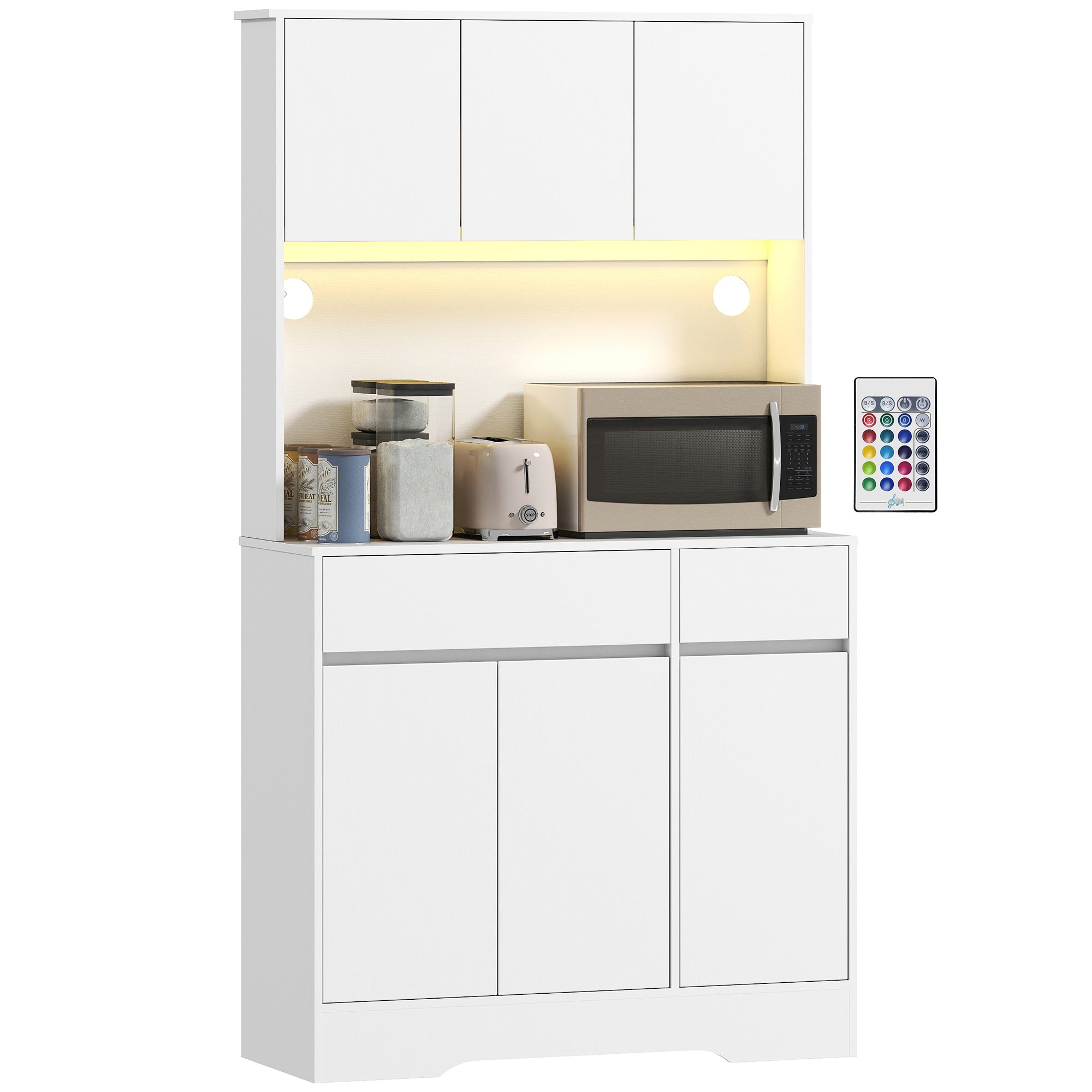 Buffet cuisine avec lumière LED RGB, meuble cuisine rangement haut, meuble de rangement avec plan de travail, 6 portes, 2 tiroirs, étagères réglables et télécommande inclus, 100x38x180cm, blanc