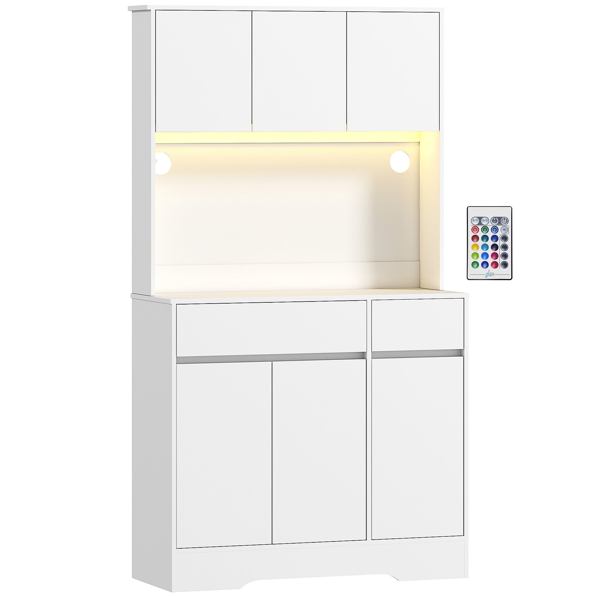 Buffet cuisine avec lumière LED RGB, meuble cuisine rangement haut, meuble de rangement avec plan de travail, 6 portes, 2 tiroirs, étagères réglables et télécommande inclus, 100x38x180cm, blanc
