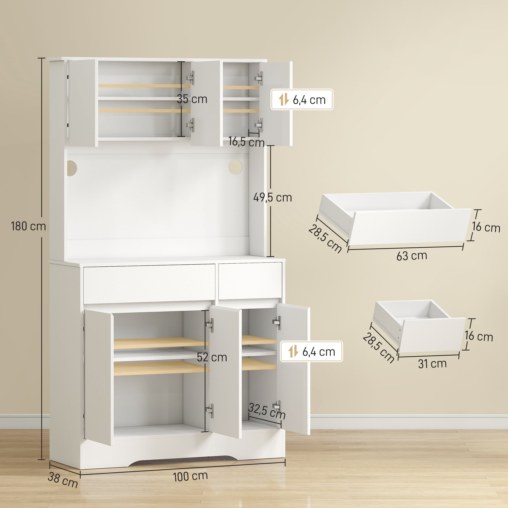 Buffet cuisine avec lumière LED RGB, meuble cuisine rangement haut, meuble de rangement avec plan de travail, 6 portes, 2 tiroirs, étagères réglables et télécommande inclus, 100x38x180cm, blanc