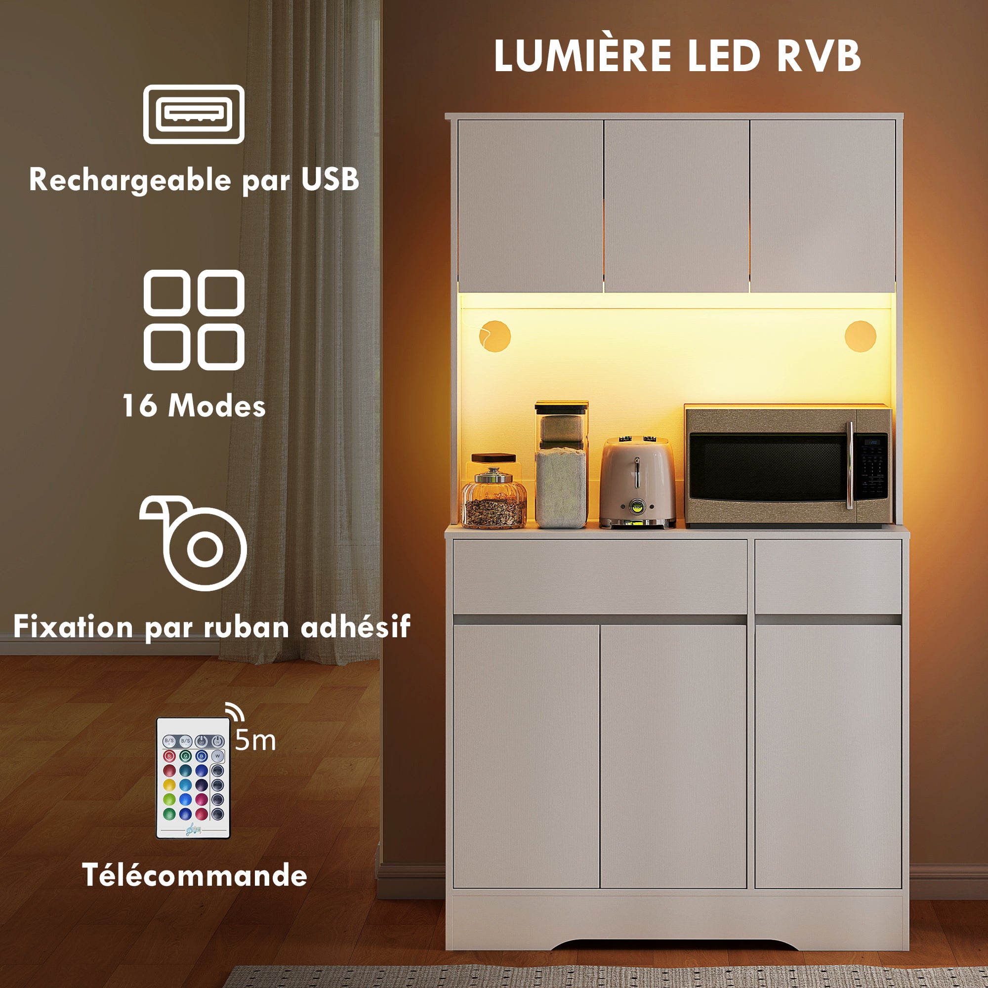 Buffet cuisine avec lumière LED RGB, meuble cuisine rangement haut, meuble de rangement avec plan de travail, 6 portes, 2 tiroirs, étagères réglables et télécommande inclus, 100x38x180cm, blanc