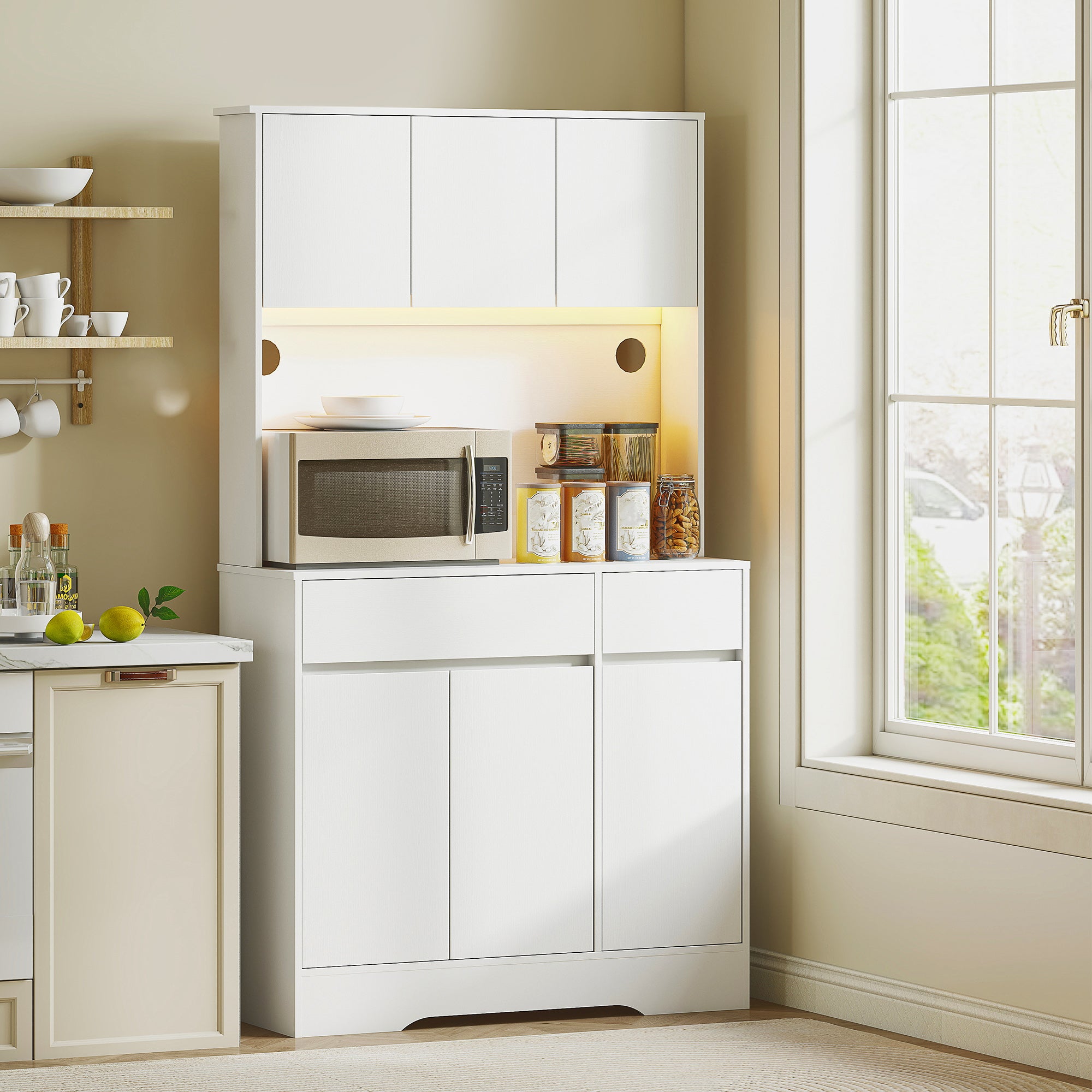 Buffet cuisine avec lumière LED RGB, meuble cuisine rangement haut, meuble de rangement avec plan de travail, 6 portes, 2 tiroirs, étagères réglables et télécommande inclus, 100x38x180cm, blanc