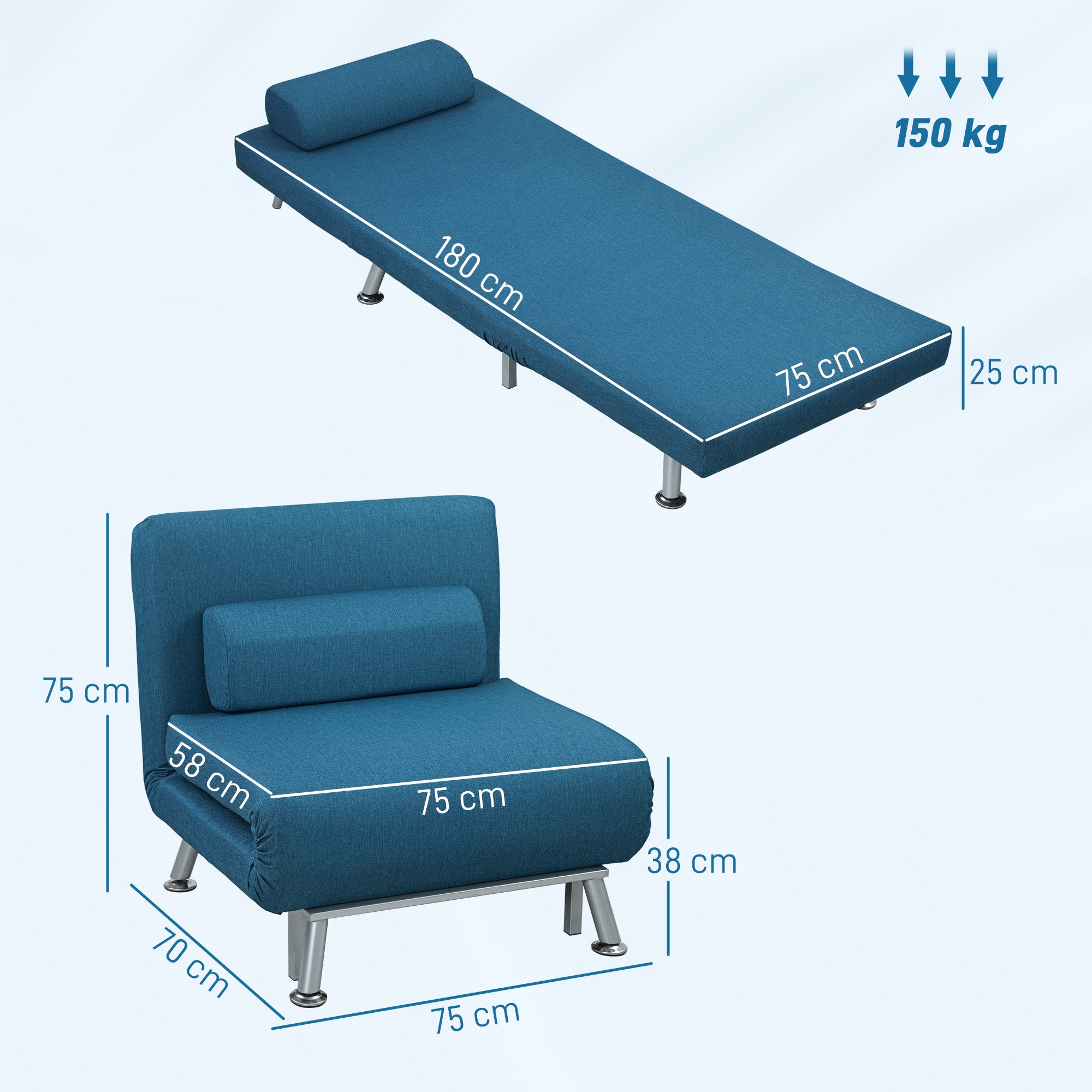 Fauteuil convertible 1 place chauffeuse 3 en 1 fauteuil lit avec dossier réglable en 5 positions, coussin inclus, canapé-lit 1 place pour invités, salon, charge 150 kg bleu