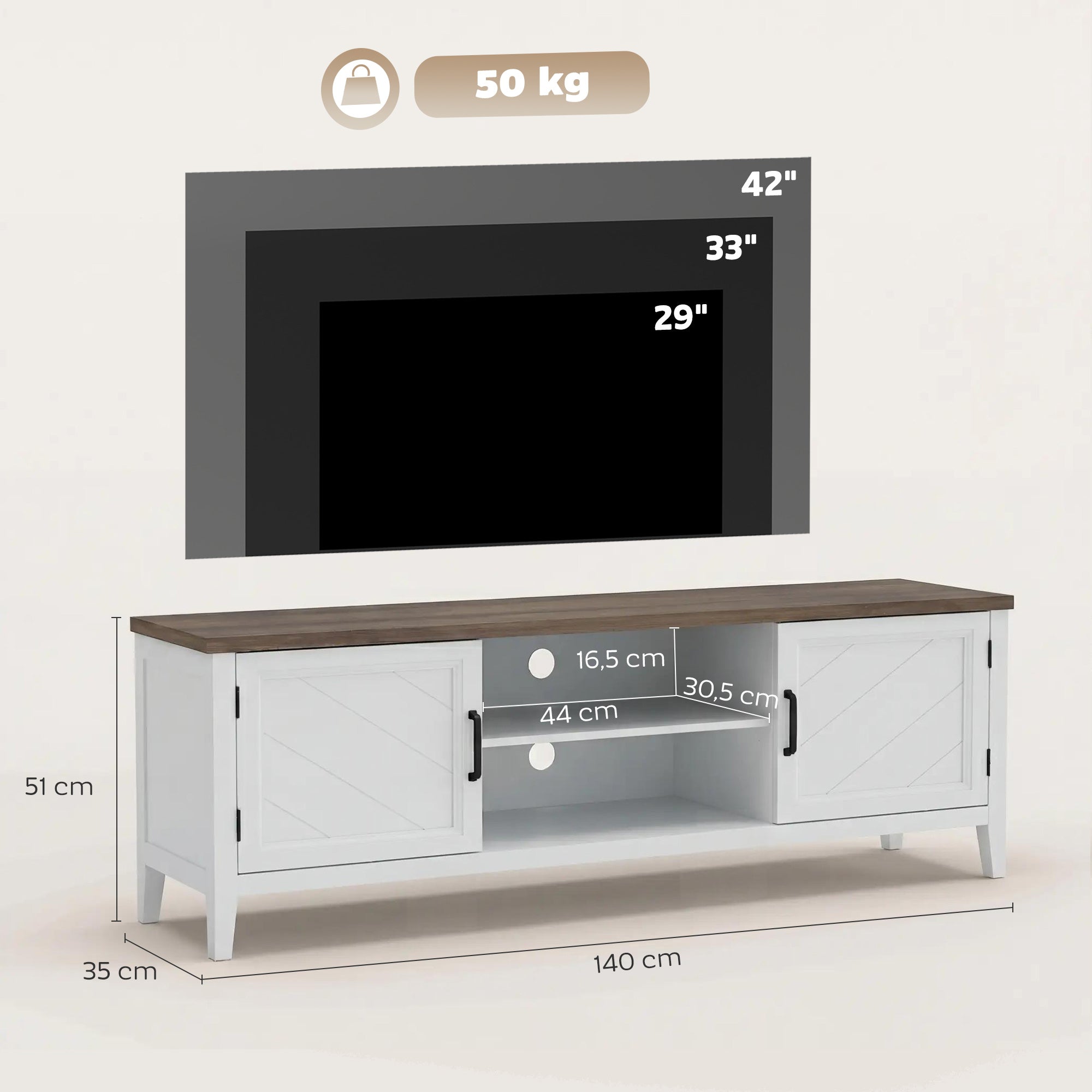 Meuble TV 140 cm, meuble télé pour téléviseur jusqu'à 42 pouces avec 2 portes, 2 compartiments ouverts, style rustique, banc TV pour salon, chambre, blanc et marron