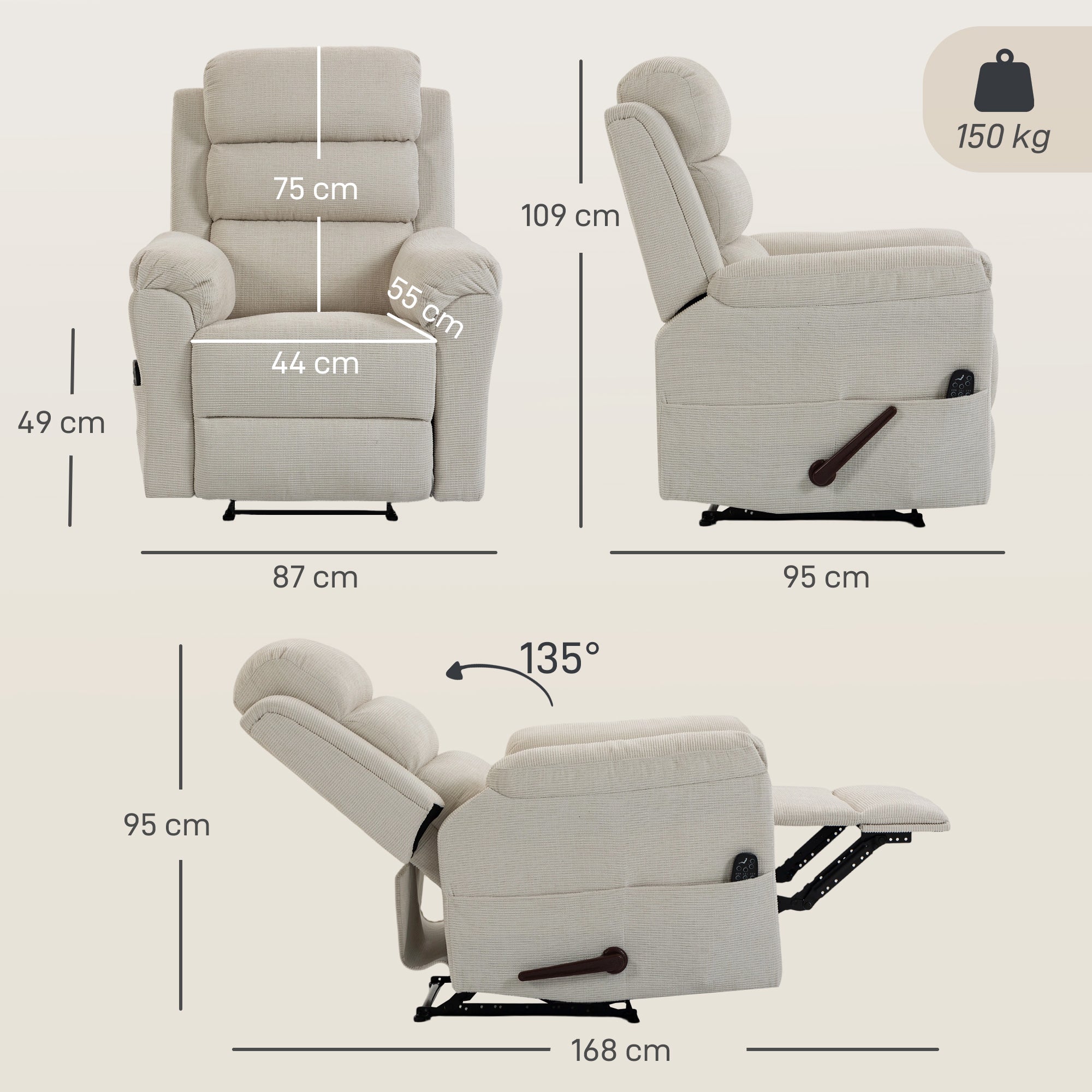 Fauteuil Inclinable de Massage et Chauffage, Fauteuil de Relaxation en Chenille, Appuie-tête Réglable 4 Poches Latérales Assise à Ressorts Repose-Pied, Montage Facile, pour Salon Chambre, Crème