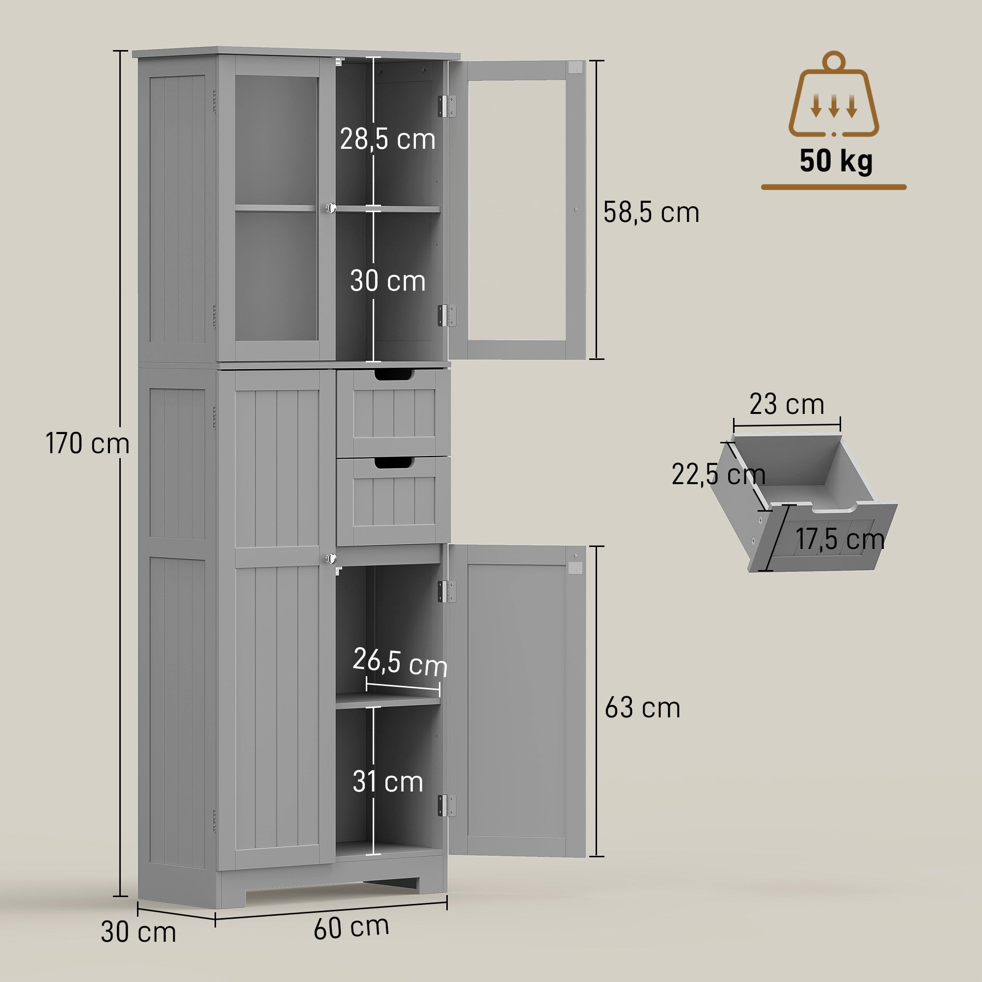 Meuble de salle de bain haut, meuble de rangement, colonne salle de bain avec 4 portes dont 2 vitrées, 2 tiroirs et étagères réglables, style moderne, pour salon, chambre, 60x30x170cm, blanc