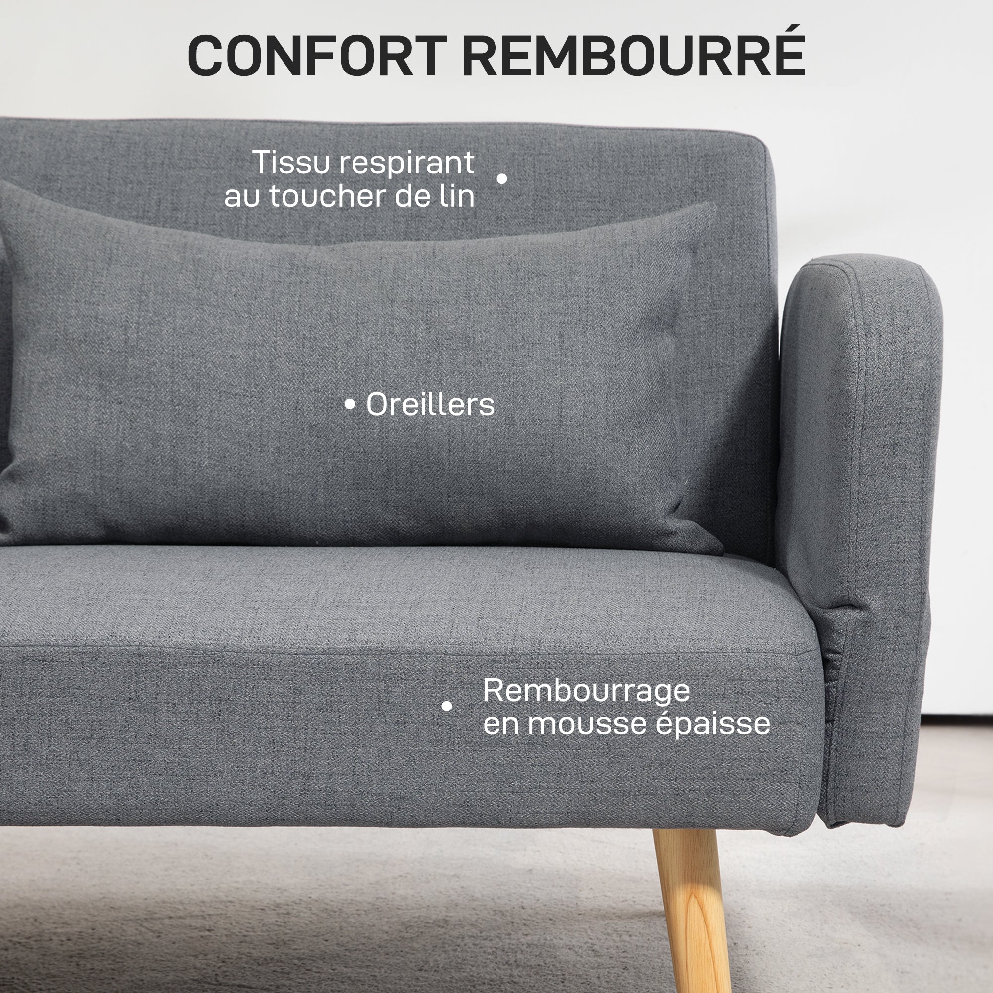 Canapé convertible 3 places, canapé-lit 2 places, dossier inclinable et accoudoirs réglables, clic clac en tissu effet lin, pieds en bois massif, 2 coussins lavables, gris