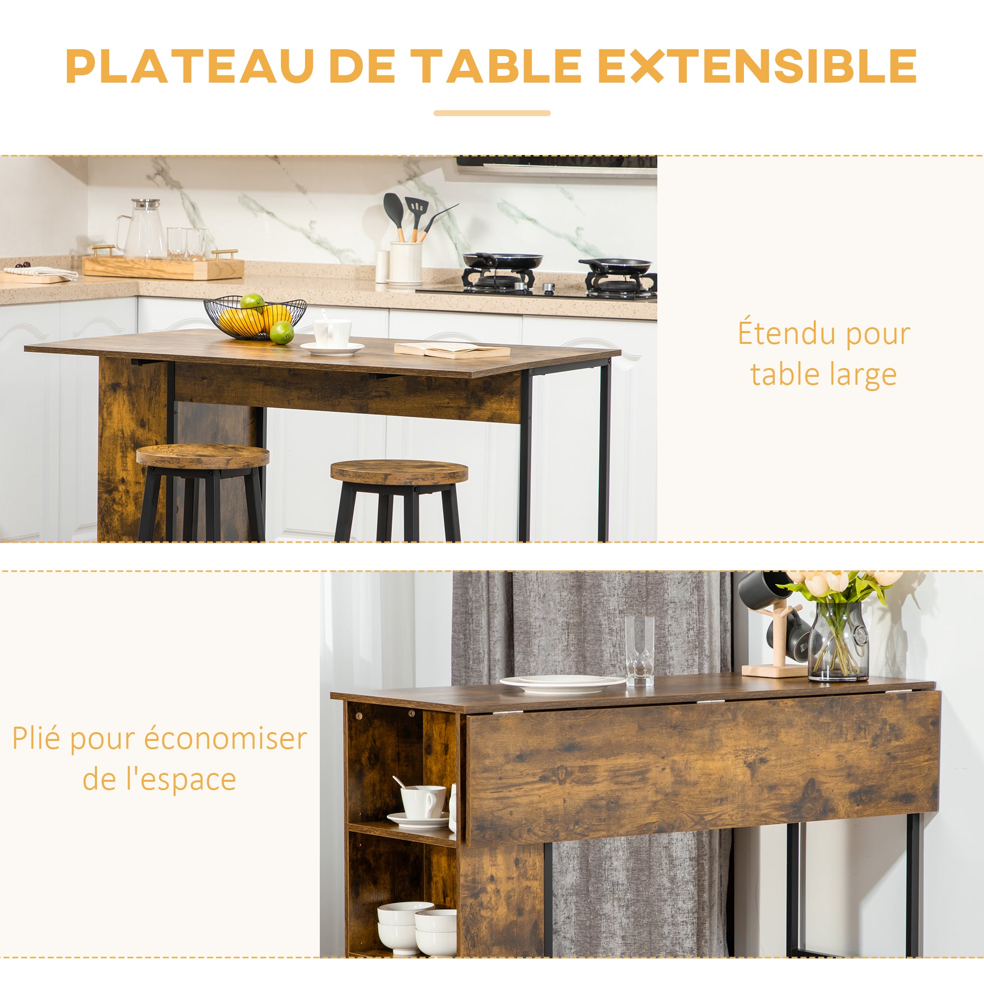 Table de bar avec rangement Table Bistrot Ilot central plateau latéral rabattable et 3 étagères - 120 x 76 x 91,4 cm Brun Rustique