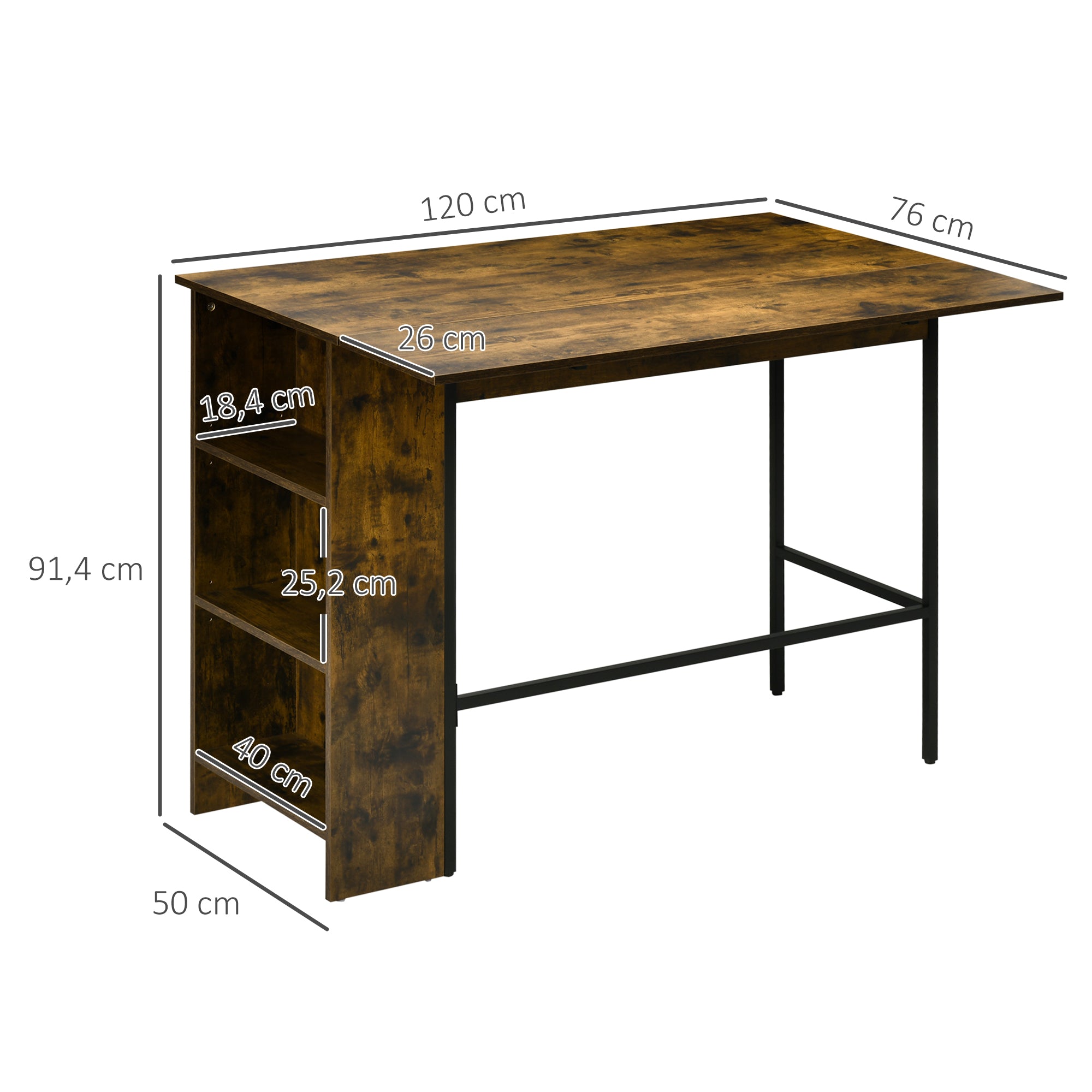 Table de bar avec rangement Table Bistrot Ilot central plateau latéral rabattable et 3 étagères - 120 x 76 x 91,4 cm Brun Rustique