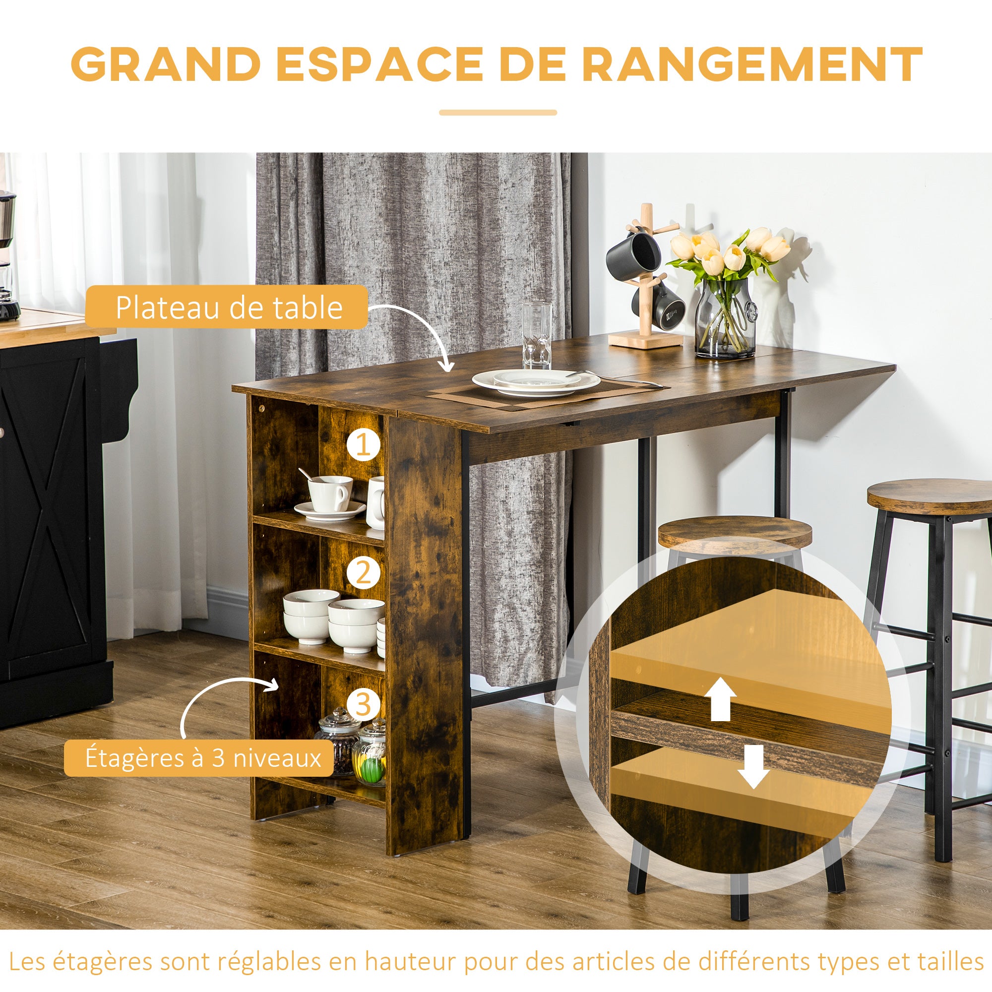 Table de bar avec rangement Table Bistrot Ilot central plateau latéral rabattable et 3 étagères - 120 x 76 x 91,4 cm Brun Rustique