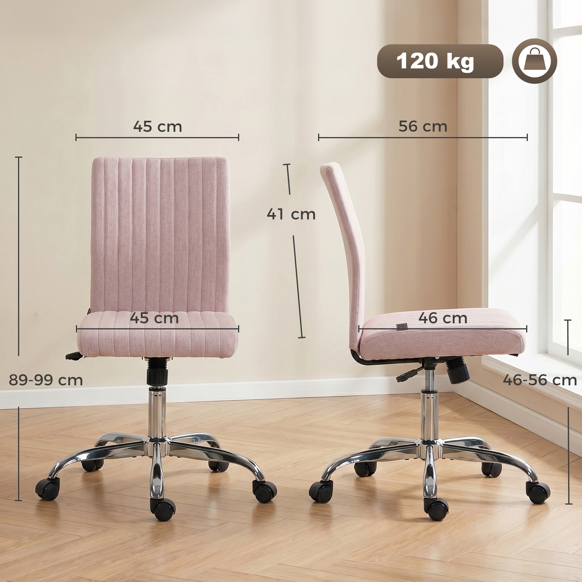 Chaise de bureau sans accoudoirs, fauteuil de bureau, hauteur réglable, fonction de bascule, dossier haut et pivotant 360°, chaise d'ordinateur moderne pour chambre, salon, rose