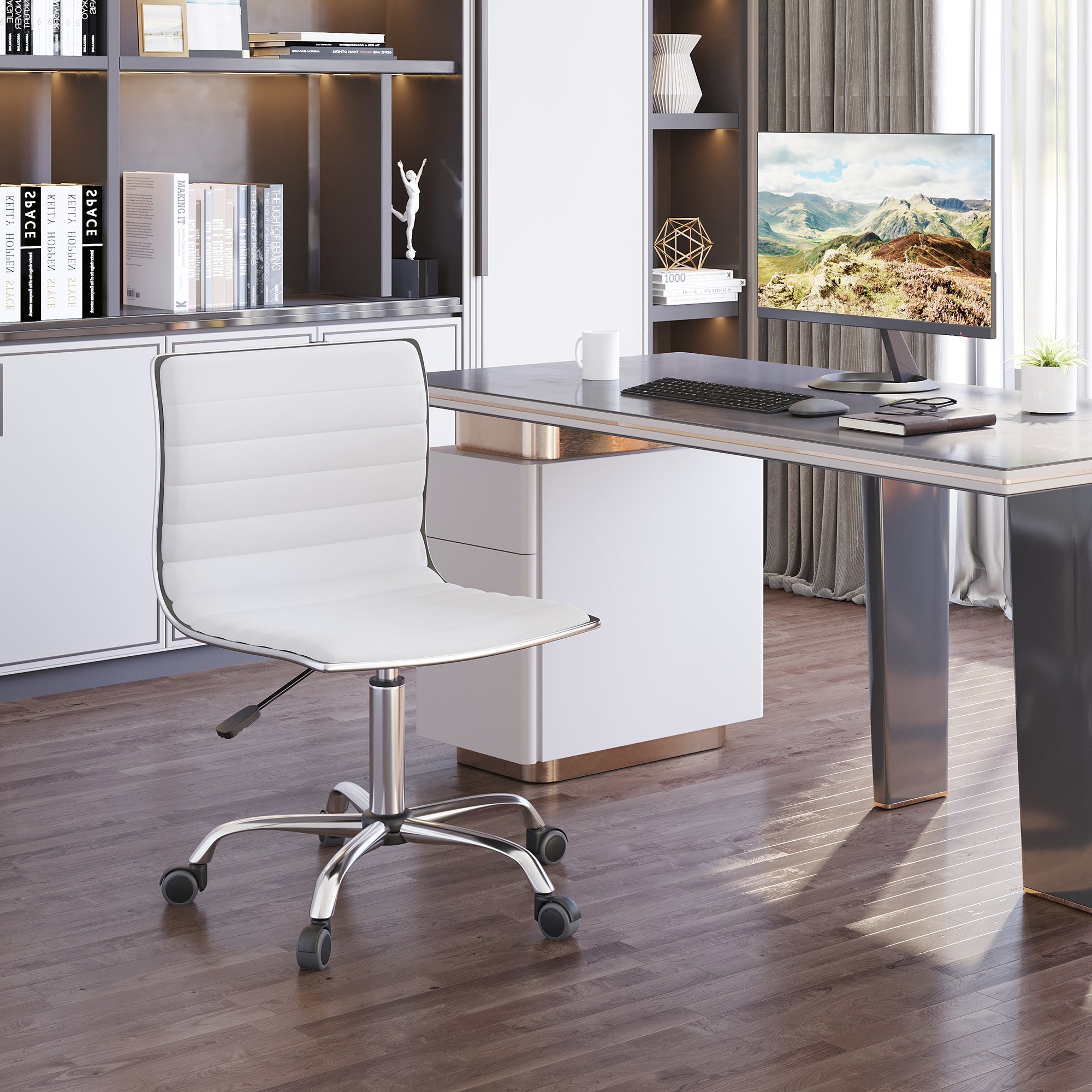Chaise de bureau sans accoudoirs, fauteuil de bureau ergonomique, hauteur réglable, assise et dossier rembourrés et pivotant 360°, chaise d'ordinateur en similicuir pour bureau, chambre, blanc