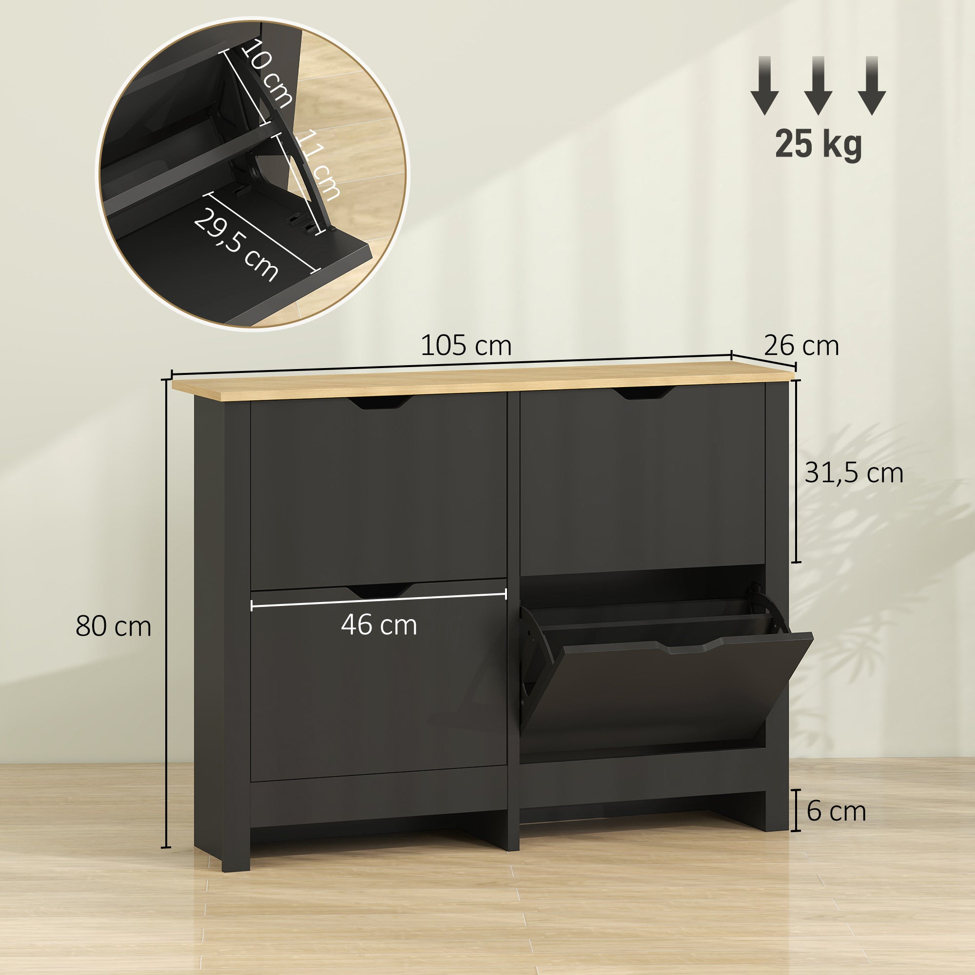 Meuble à chaussures 16 paires, armoire à chaussures étroite avec 4 tiroirs rabattables et étagères réglables, style moderne, pour couloir, entrée, 105 x 26 x 80 cm, noir et bois naturel