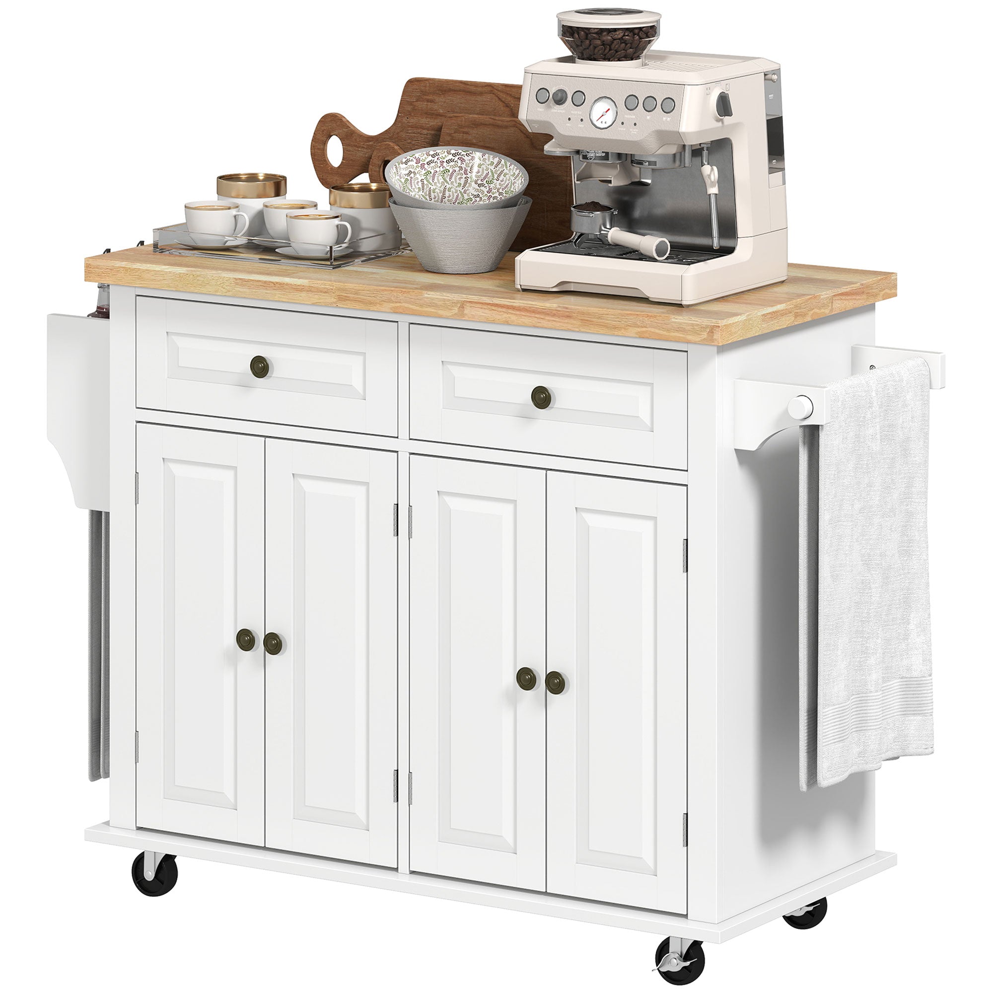 Desserte ilôt de cuisine multi rangements 2 tiroirs 2 placard 2 portes avec étagère range-bouteille porte-torchons et étagère réglable MDF blanc hévéa