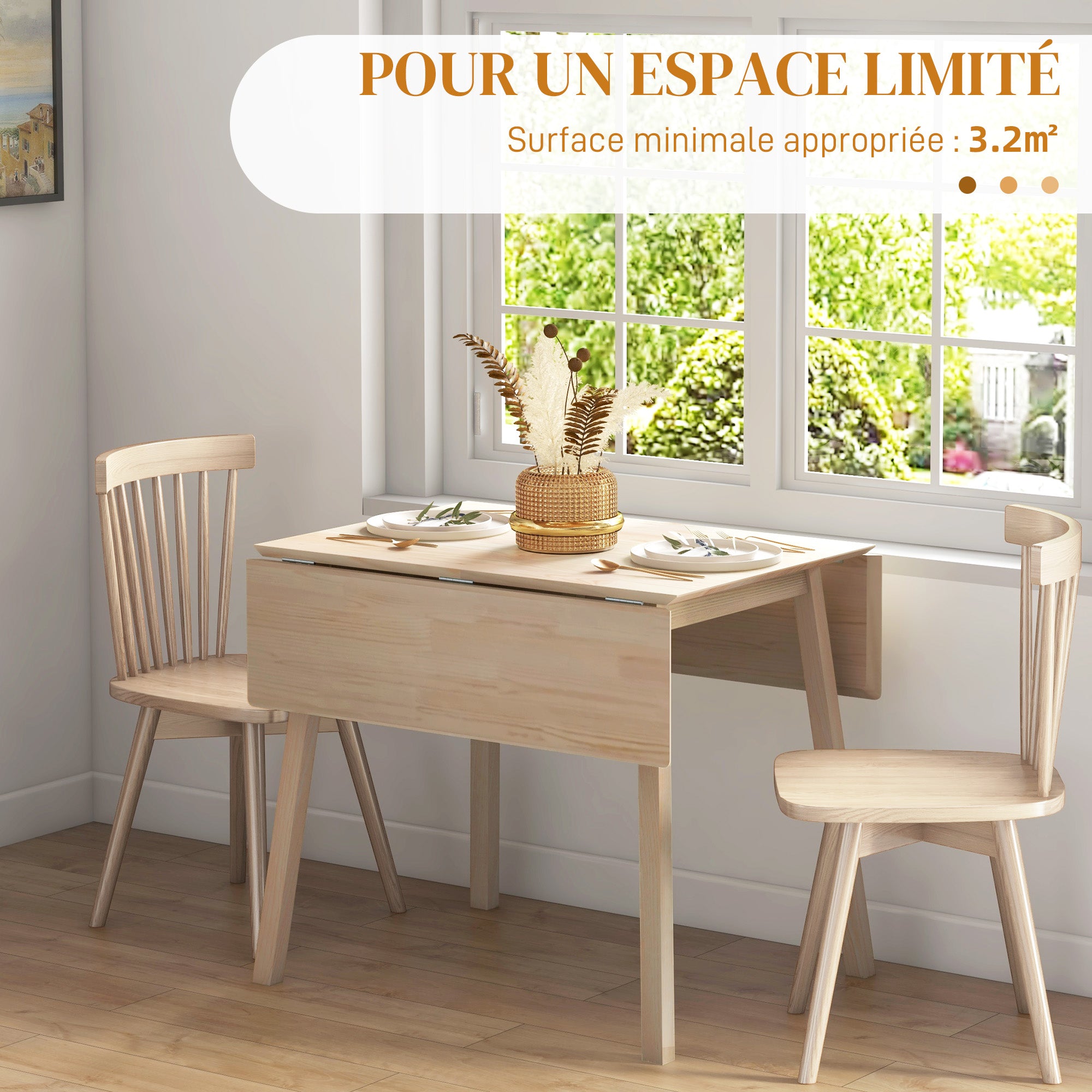 Table de cuisine pliable table à manger pliante avec plateau rabattable en bois pour 2 à 4 personnes, bois naturel