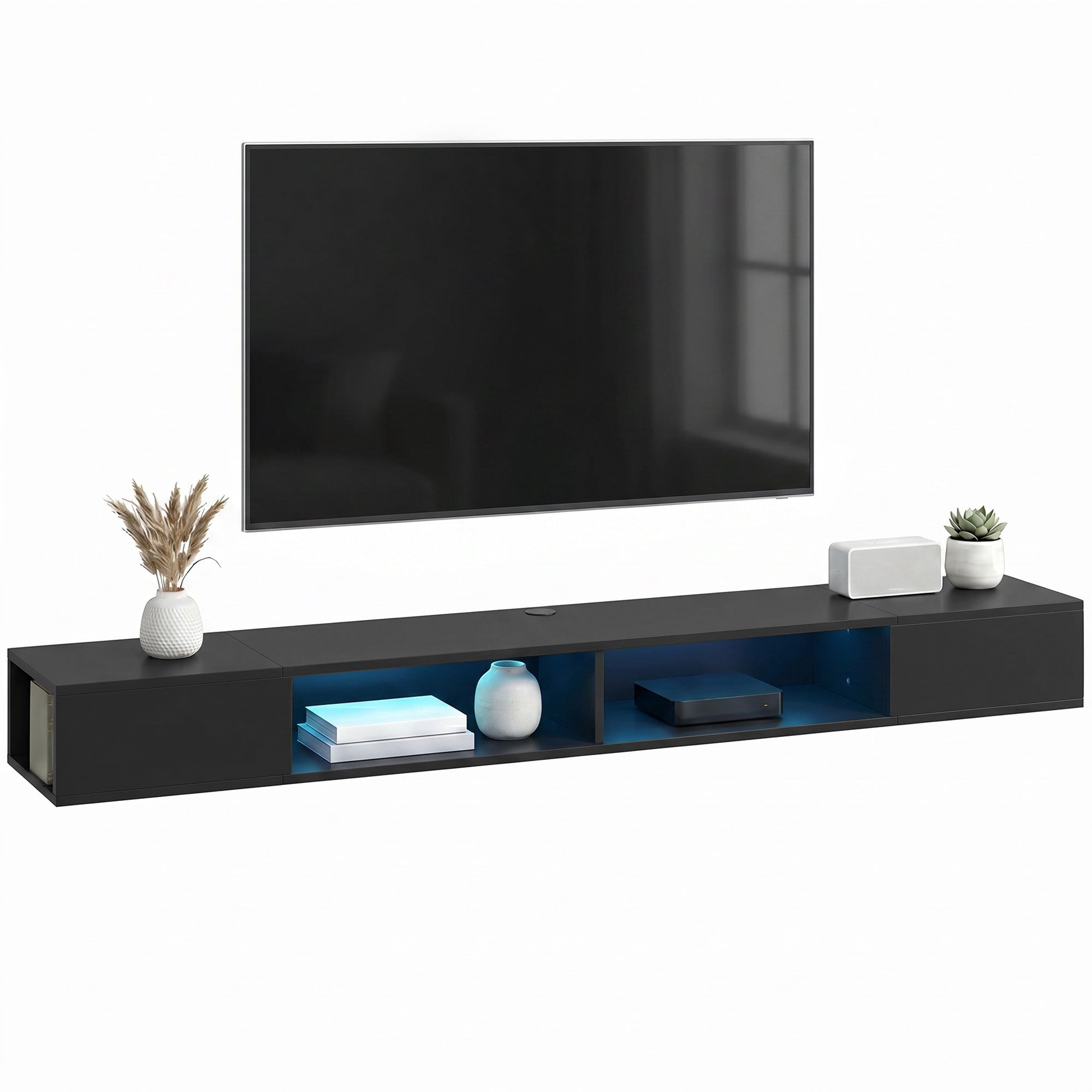 Meuble TV suspendu 180 cm avec éclairage LED RGB, meuble télé pour téléviseur jusqu'à 75 pouces avec étagères ouvertes, banc TV mural pour salon, noir