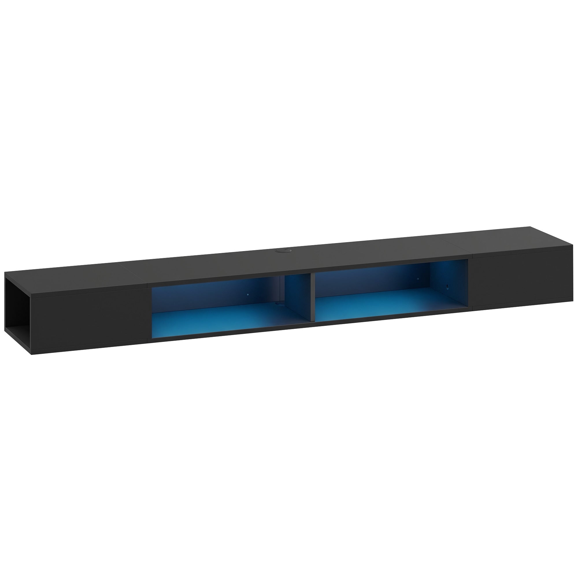 Meuble TV suspendu 180 cm avec éclairage LED RGB, meuble télé pour téléviseur jusqu'à 75 pouces avec étagères ouvertes, banc TV mural pour salon, noir