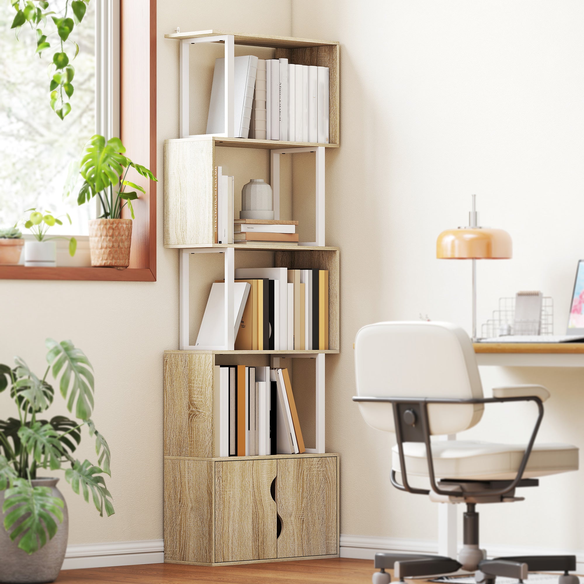 Bibliothèque à 5 niveaux, meuble de rangement en forme de S avec étagères et placard double porte, étagère de rangement pour salon, chambre bureau, 60 x 23,8 x 179,2 cm, effet bois naturel