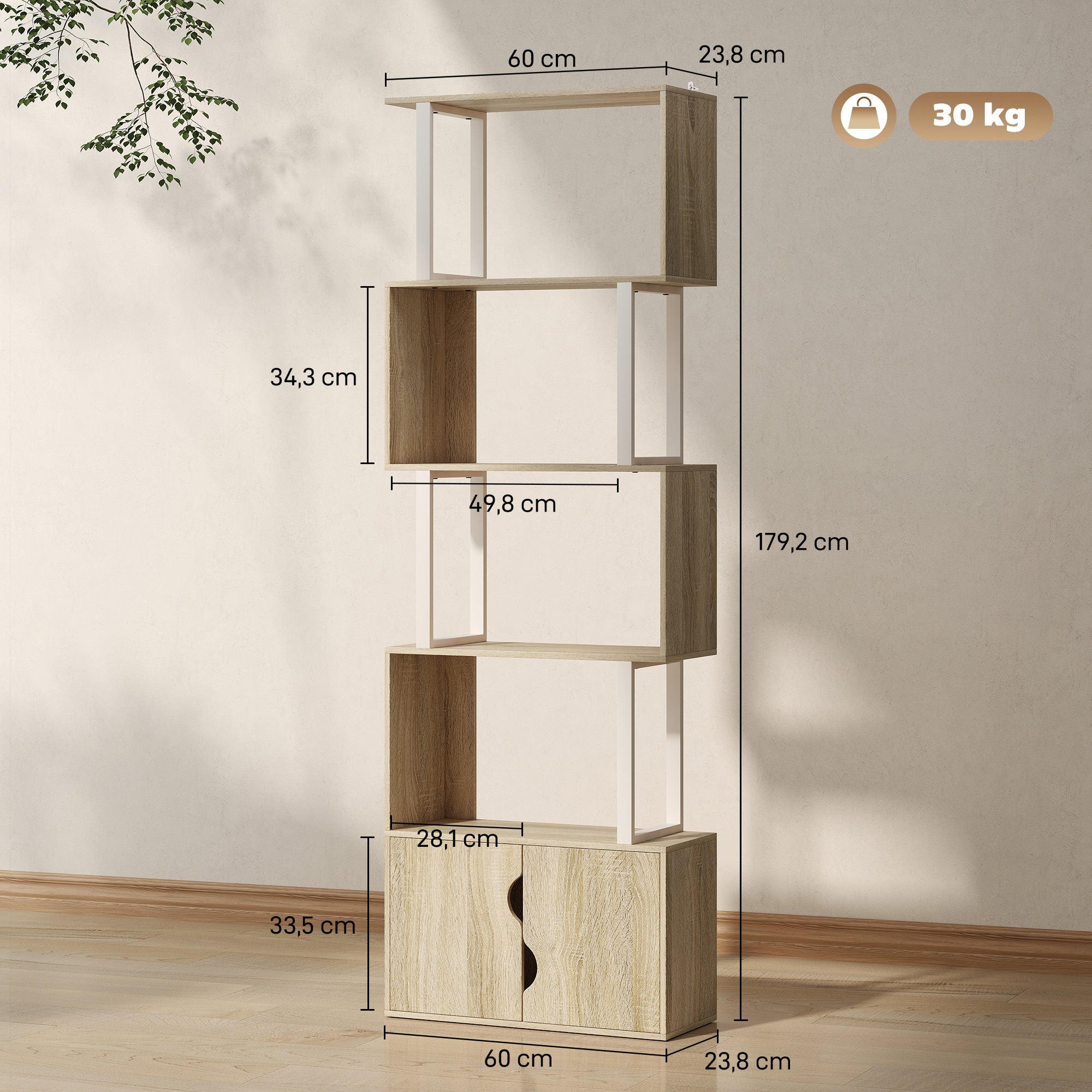 Bibliothèque à 5 niveaux, meuble de rangement en forme de S avec étagères et placard double porte, étagère de rangement pour salon, chambre bureau, 60 x 23,8 x 179,2 cm, effet bois naturel