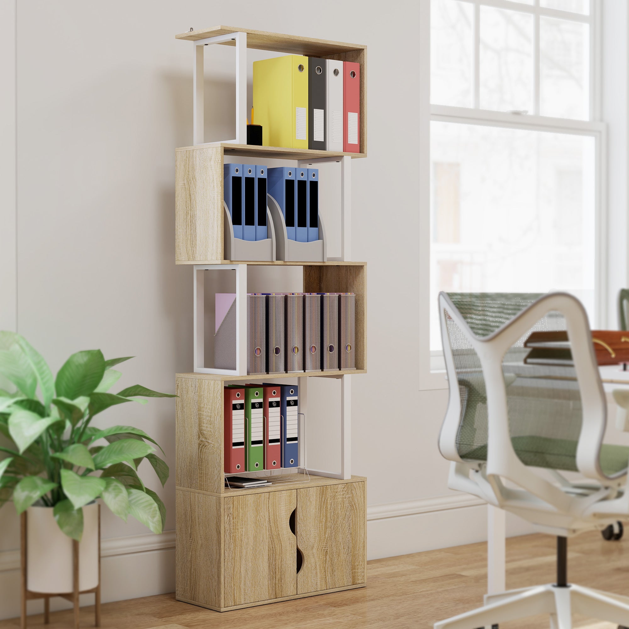 Bibliothèque à 5 niveaux, meuble de rangement en forme de S avec étagères et placard double porte, étagère de rangement pour salon, chambre bureau, 60 x 23,8 x 179,2 cm, effet bois naturel