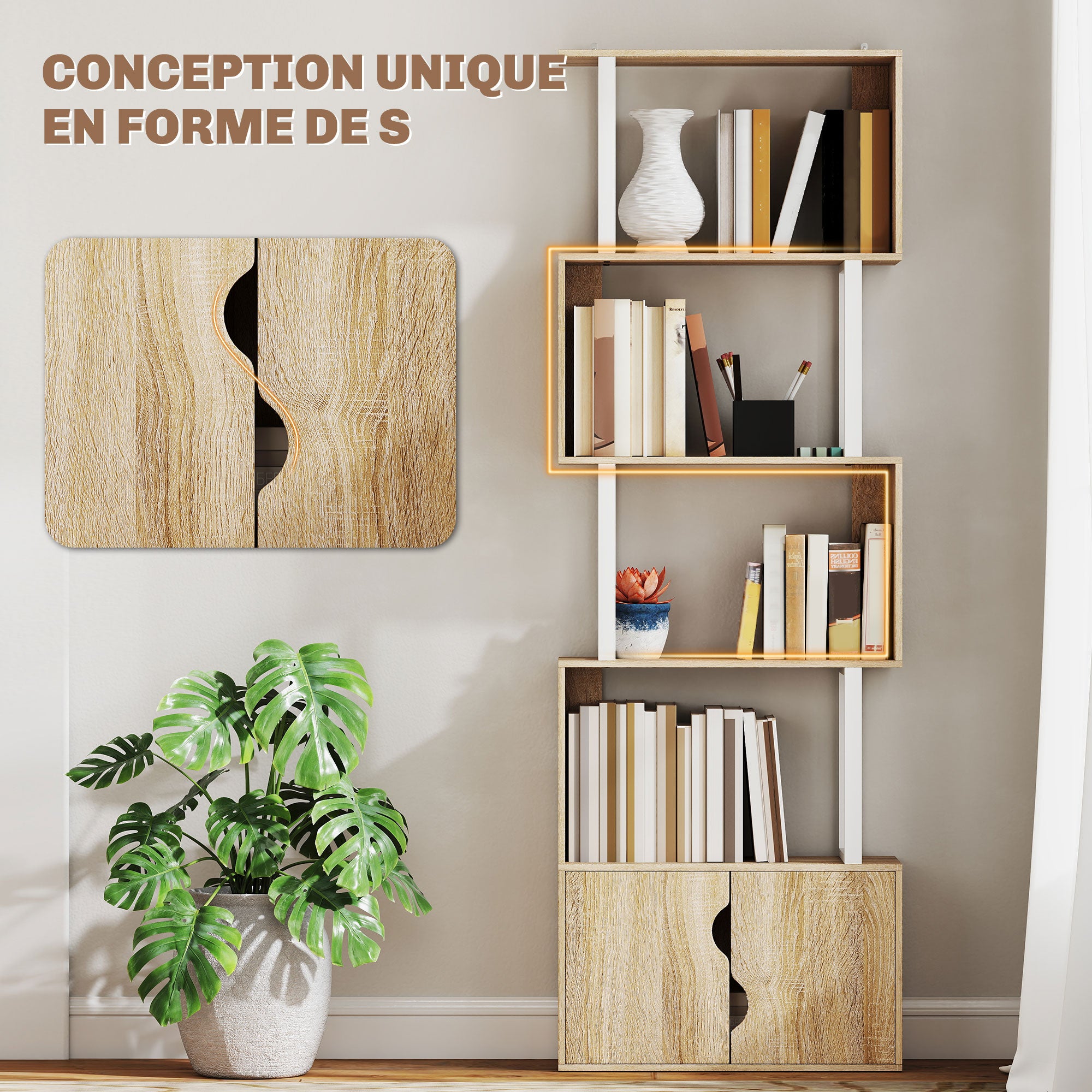 Bibliothèque à 5 niveaux, meuble de rangement en forme de S avec étagères et placard double porte, étagère de rangement pour salon, chambre bureau, 60 x 23,8 x 179,2 cm, effet bois naturel