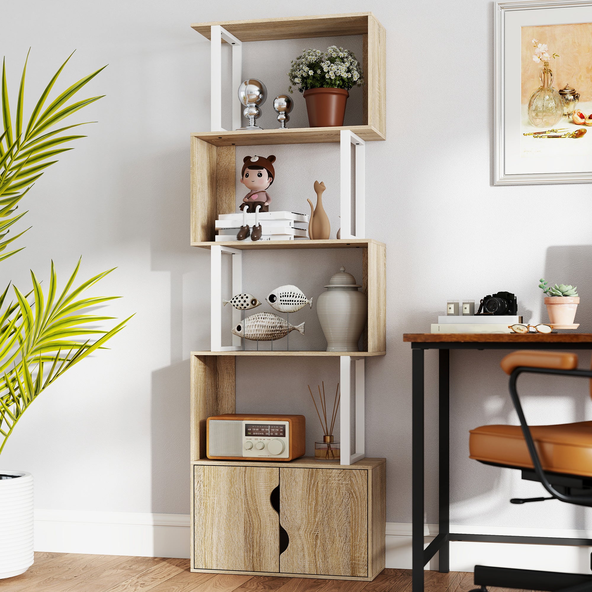 Bibliothèque à 5 niveaux, meuble de rangement en forme de S avec étagères et placard double porte, étagère de rangement pour salon, chambre bureau, 60 x 23,8 x 179,2 cm, effet bois naturel