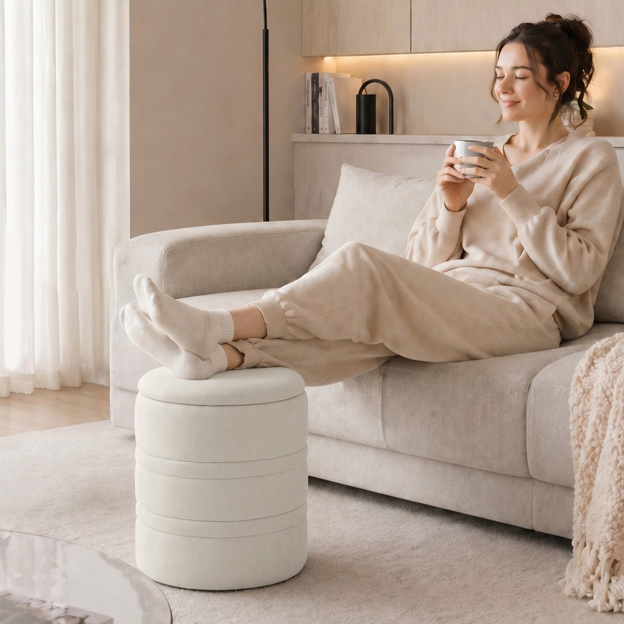 Pouf coffre rangement, tabouret rond avec couvercle, pouf repose-pieds en chenille, pour la chambre à coucher, entrée, salon, charge 120 Kg, Ø 36,5 x 46,5 cm, beige
