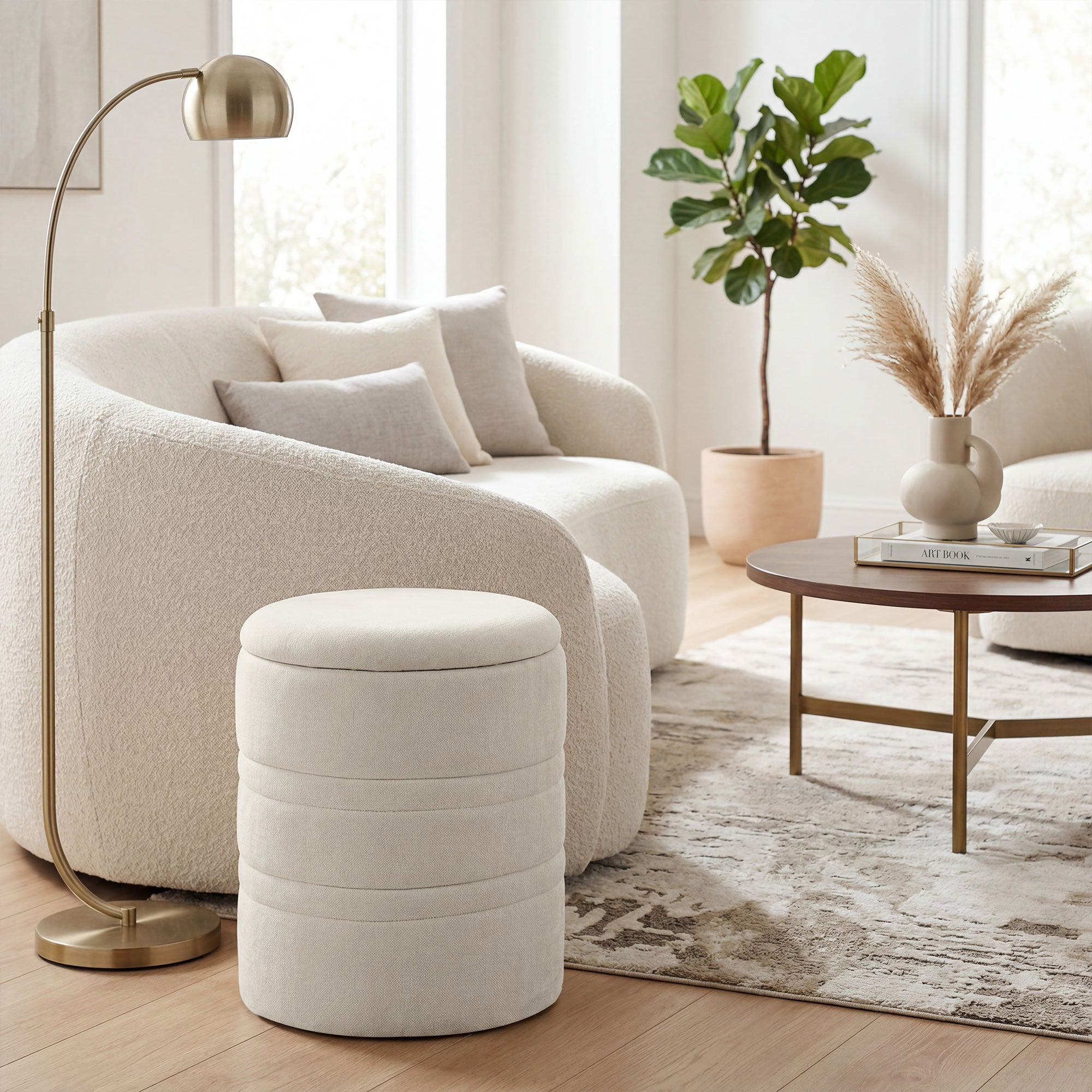 Pouf coffre rangement, tabouret rond avec couvercle, pouf repose-pieds en chenille, pour la chambre à coucher, entrée, salon, charge 120 Kg, Ø 36,5 x 46,5 cm, beige