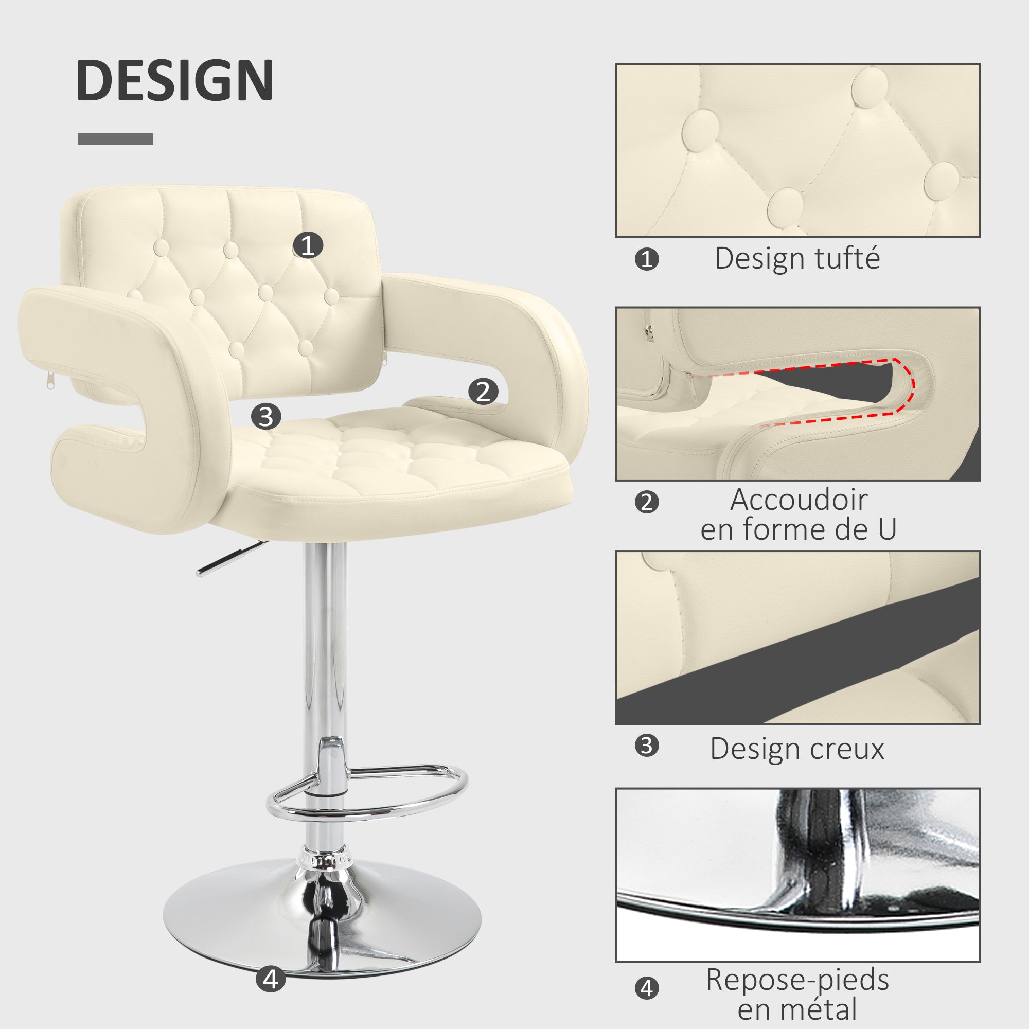 Tabouret de bar pivotant à 360°, chaise de bar réglable en hauteur avec dossier rembourrée, repose-pieds et accoudoirs, chaise haute cuisine en PU et métal pour salle à manger, comptoir, blanc