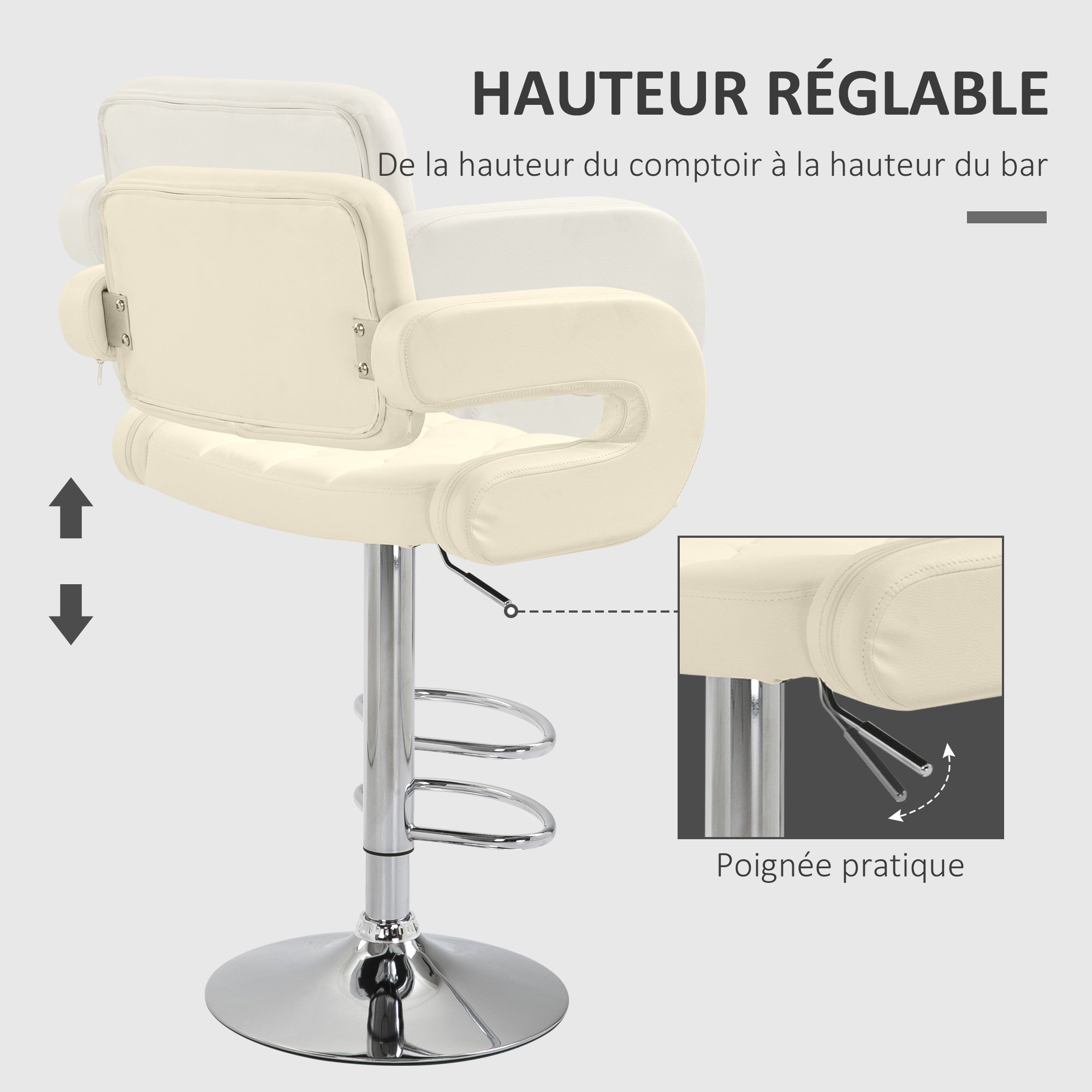 Tabouret de bar pivotant à 360°, chaise de bar réglable en hauteur avec dossier rembourrée, repose-pieds et accoudoirs, chaise haute cuisine en PU et métal pour salle à manger, comptoir, blanc