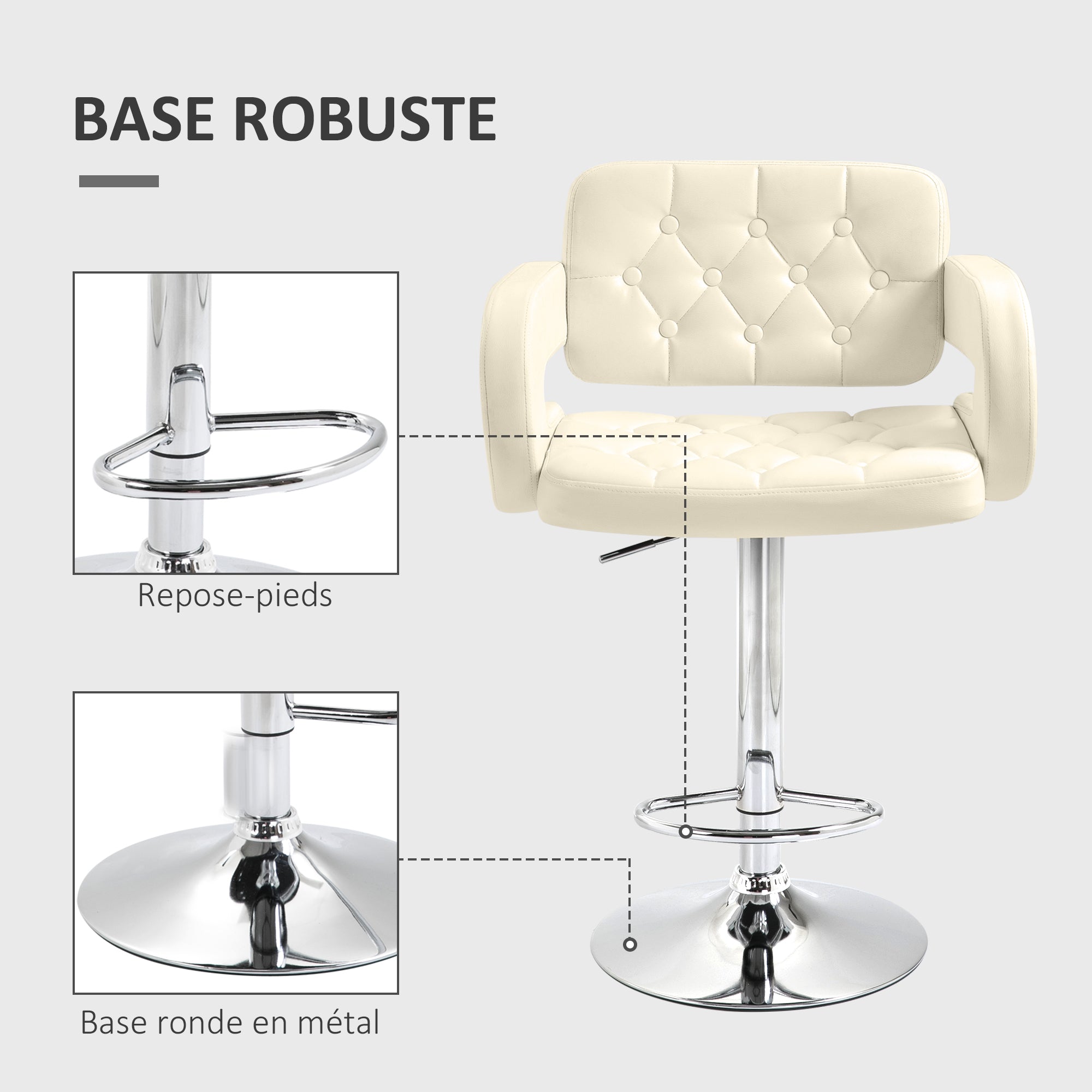 Tabouret de bar pivotant à 360°, chaise de bar réglable en hauteur avec dossier rembourrée, repose-pieds et accoudoirs, chaise haute cuisine en PU et métal pour salle à manger, comptoir, blanc