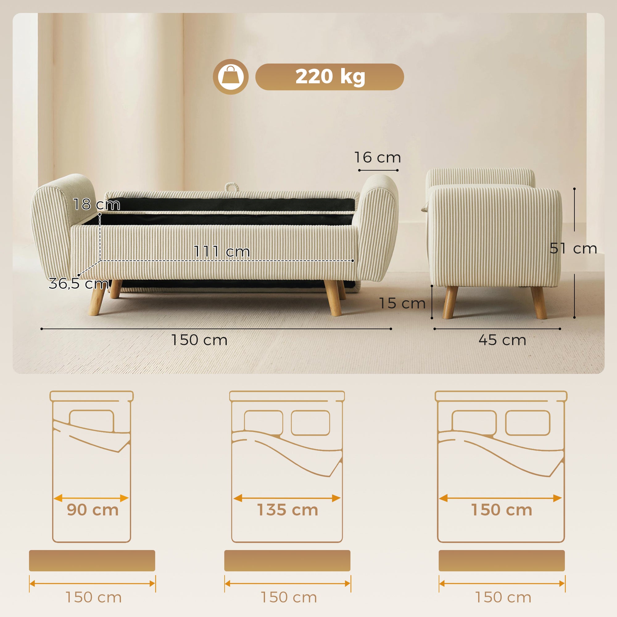 Banc de rangement 73 L, bout de lit, coffre de rangement rembourré en velours côtelé avec accoudoirs et pieds en bois d'hévéa, pour salon, chambre, entrée, 150 x 45 x 51 cm, beige