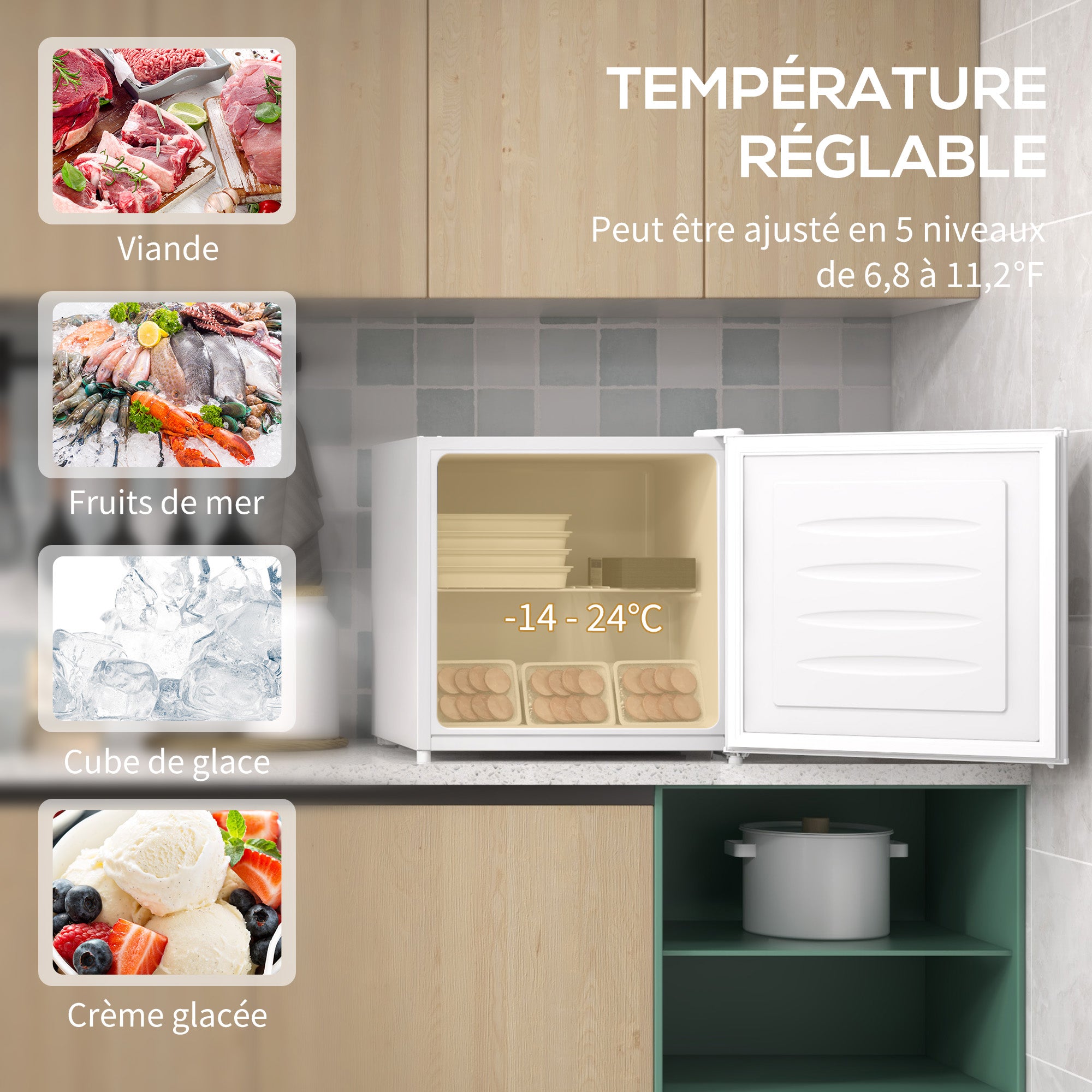 Mini congélateur Température Réglable de -14 à -24°C Compact 35L - étagère Amovible - Porte réversible Classe E - 47 x 44,2 x 48,8 cm - Blanc