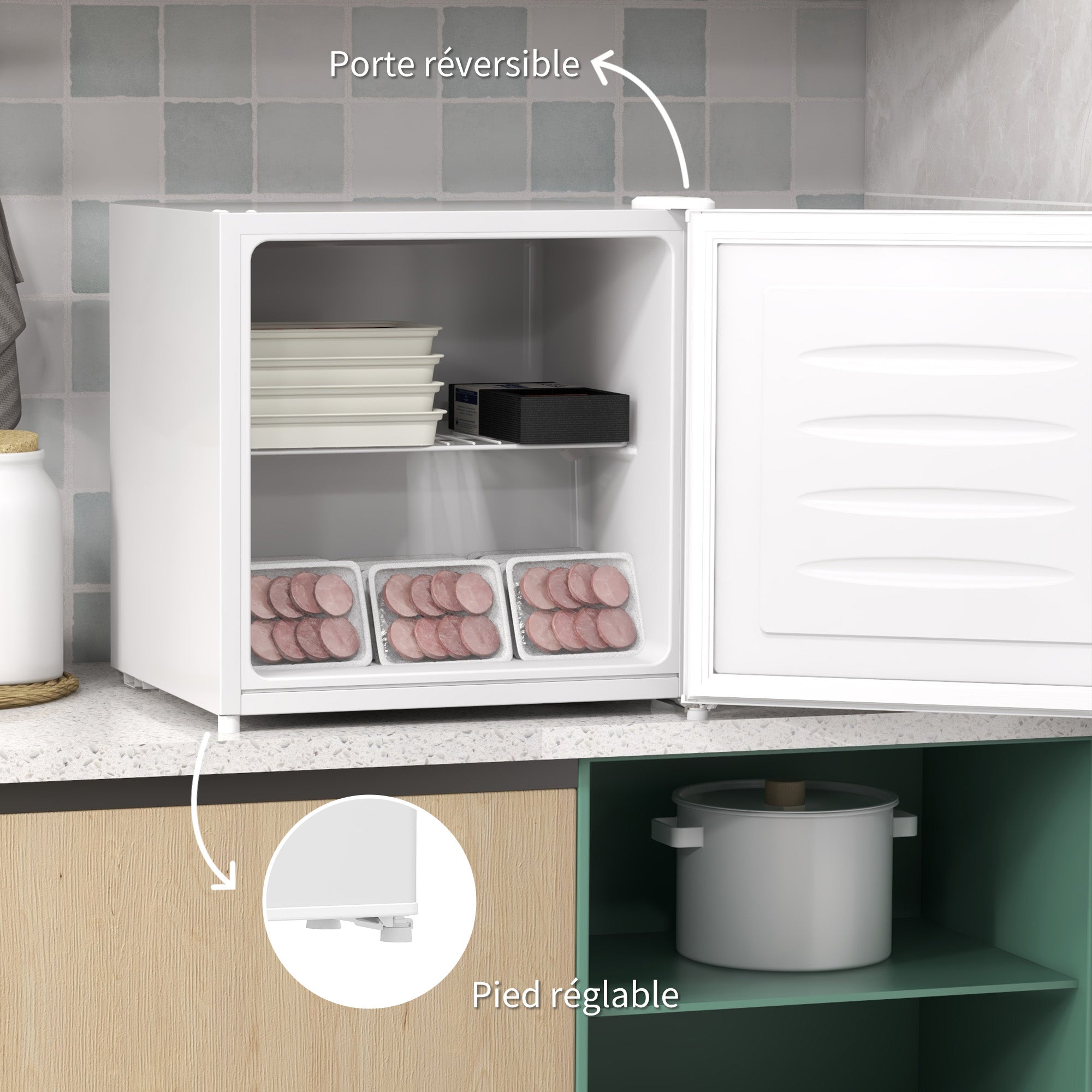 Mini congélateur Température Réglable de -14 à -24°C Compact 35L - étagère Amovible - Porte réversible Classe E - 47 x 44,2 x 48,8 cm - Blanc