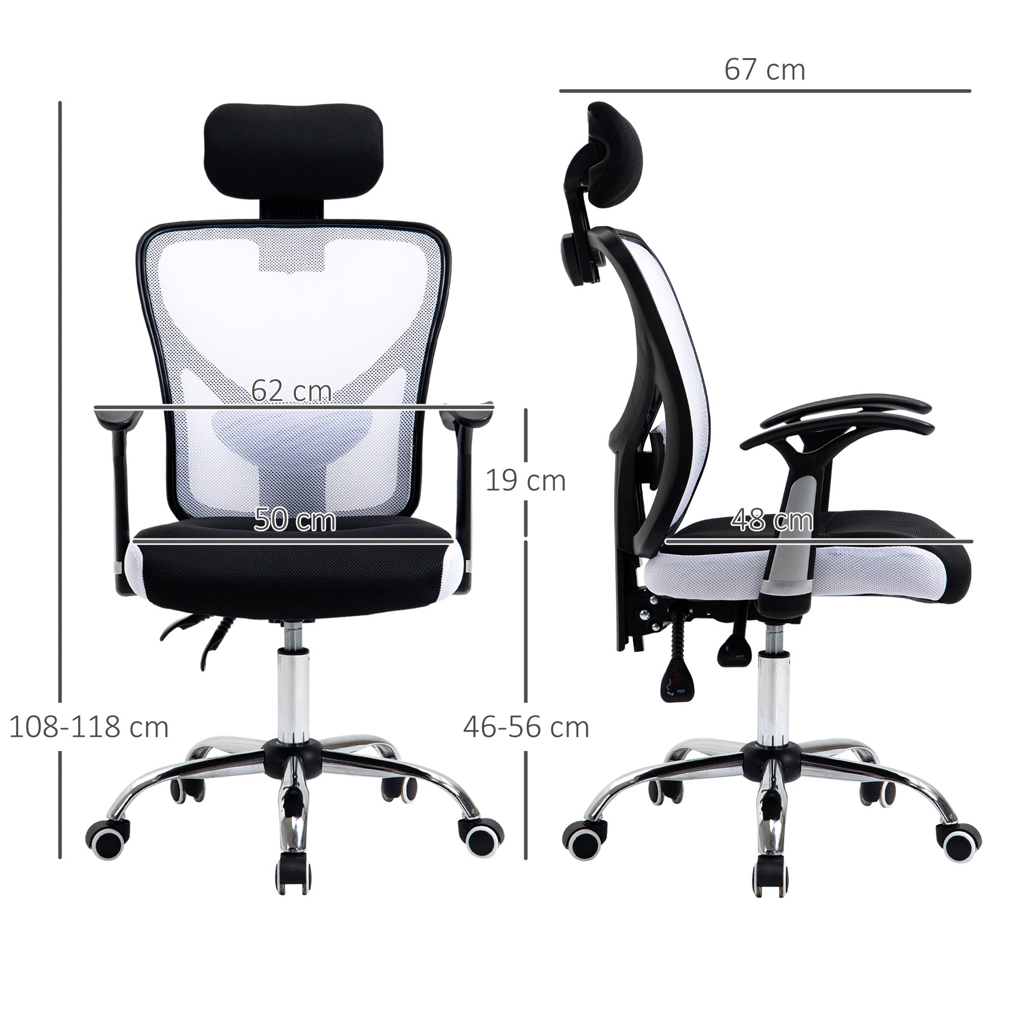 Chaise de bureau, fauteuil de bureau ergonomique en maille avec hauteur et appui-tête réglable, dossier inclinable et support lombaire, pour chambre, télétravail, charge 120 Kg, noir et blanc