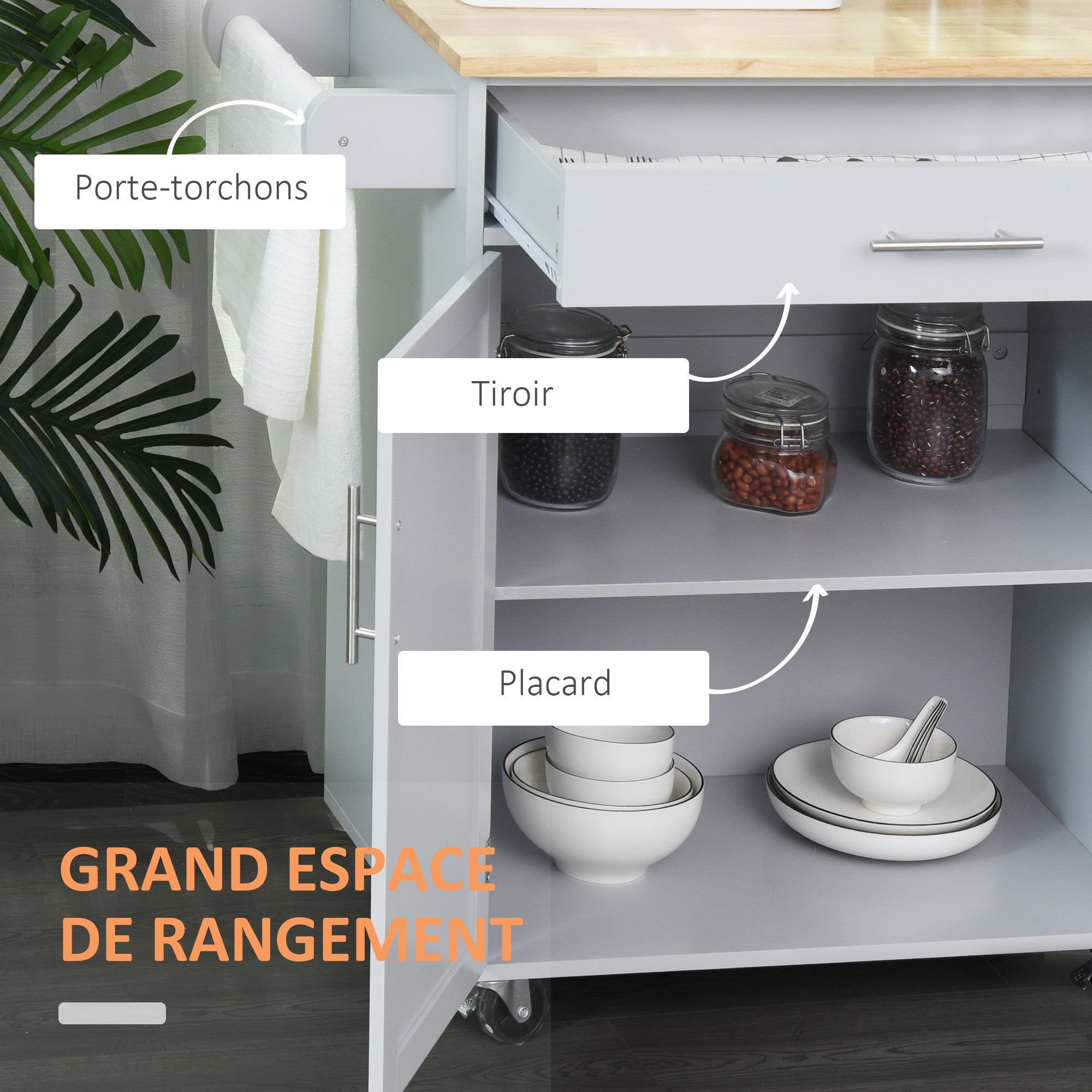 Desserte de cuisine sur roulettes chariot de service Ilot de cuisine avec tiroir de placard et porte-torchons - 83l x 45P x 91,5H cm gris