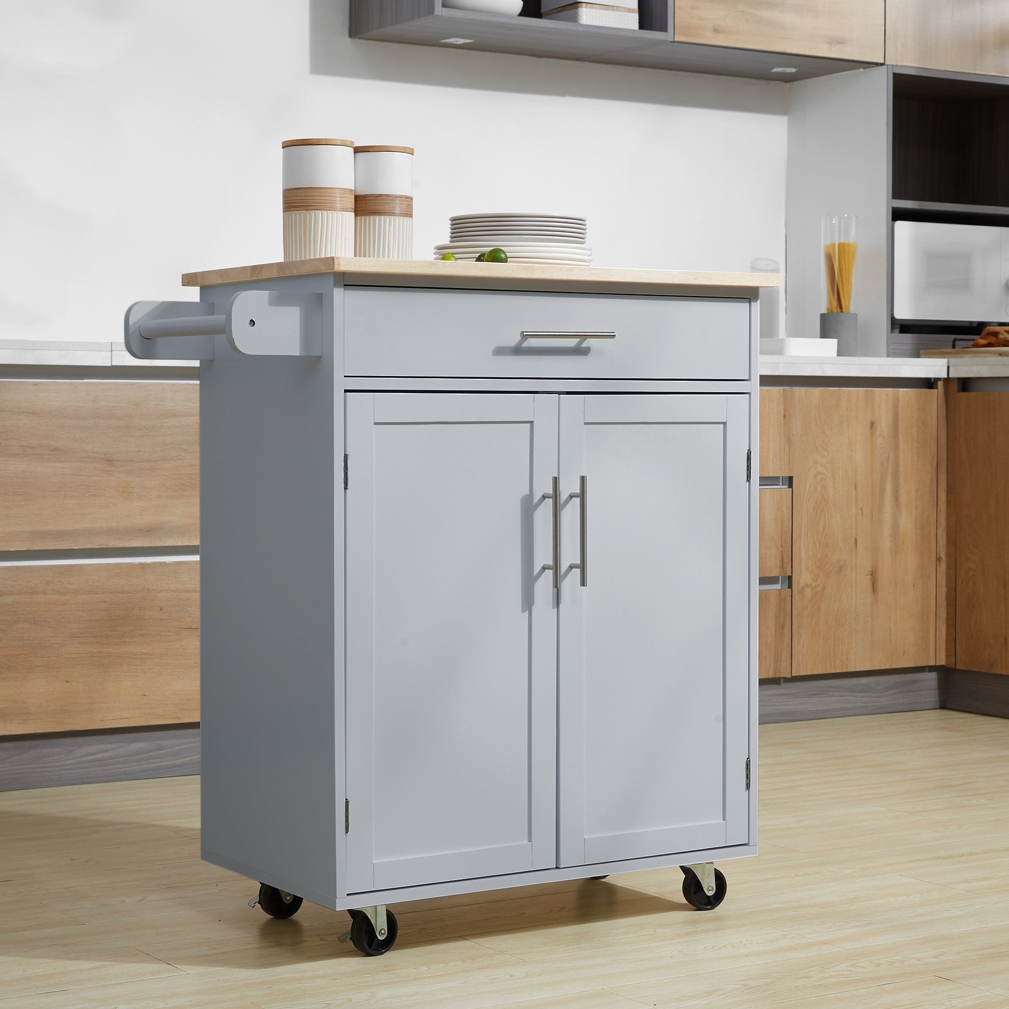 Desserte de cuisine sur roulettes chariot de service Ilot de cuisine avec tiroir de placard et porte-torchons - 83l x 45P x 91,5H cm gris