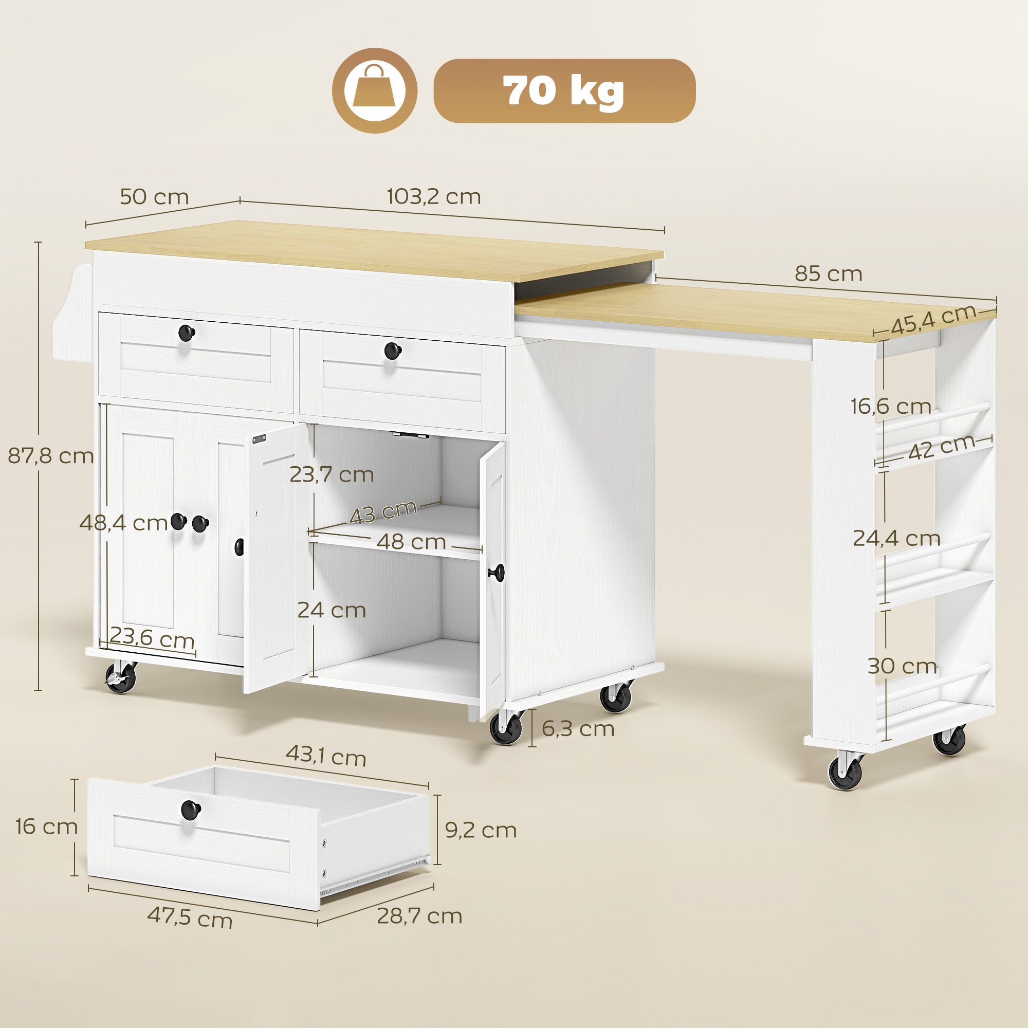 Îlot Central Cuisine avec Plateau Extensible, Desserte de Cuisine sur Roulettes avec 2 Tiroirs, 4 Portes, Porte-Serviettes et Porte-Épices, Style Rustique,127,2-189,2 x 50 x 87,8 cm, Blanc