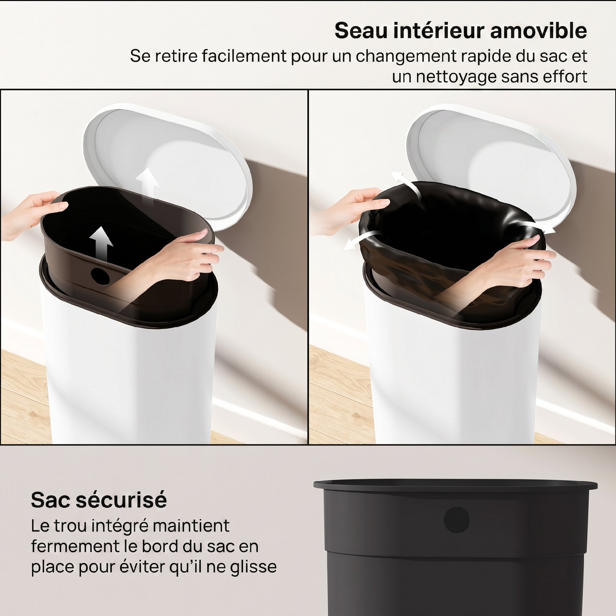 Poubelle cuisine 30L, poubelle à pédale rectangulaire avec seau intérieur amovible, couvercle à fermeture douce 90° et maintien en ouverture, anti-traces, pour bureau et maison, blanc