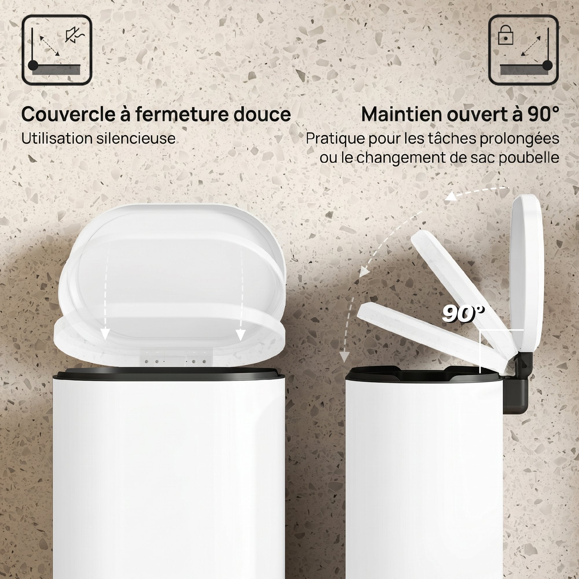 Poubelle cuisine 30L, poubelle à pédale rectangulaire avec seau intérieur amovible, couvercle à fermeture douce 90° et maintien en ouverture, anti-traces, pour bureau et maison, blanc