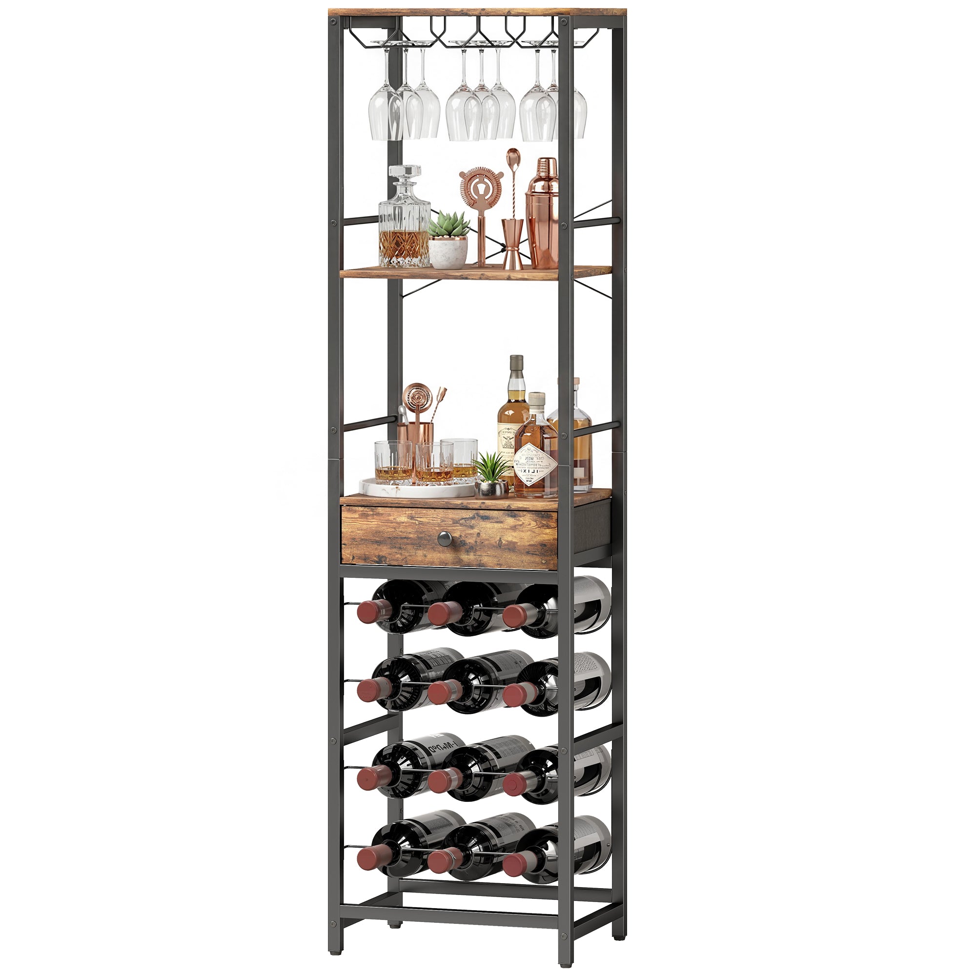 Casier à bouteilles pour 12 bouteilles, casier à vin avec étagère ouverte et tiroir, style industriel, étagère à vin en métal pour cuisine, salon, bar, 40 x 30 x 148 cm, brun rustique