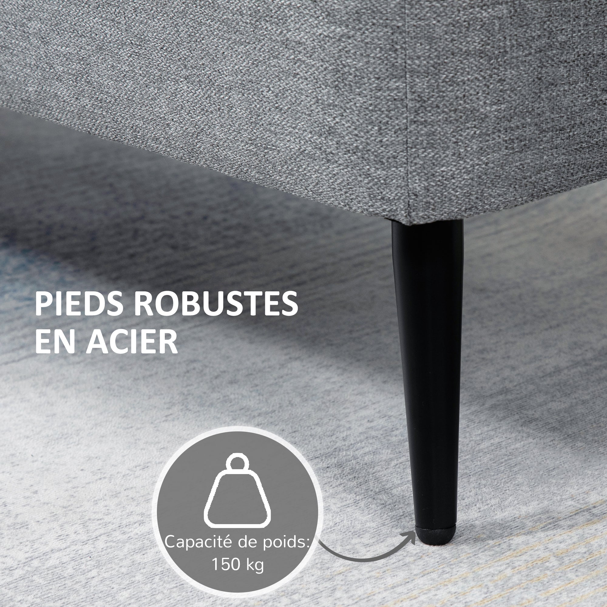 Banc de rangement, bout de lit, coffre de rangement en tissu avec pieds en acier noir, 101 x 38,5 x 44,5 cm, gris